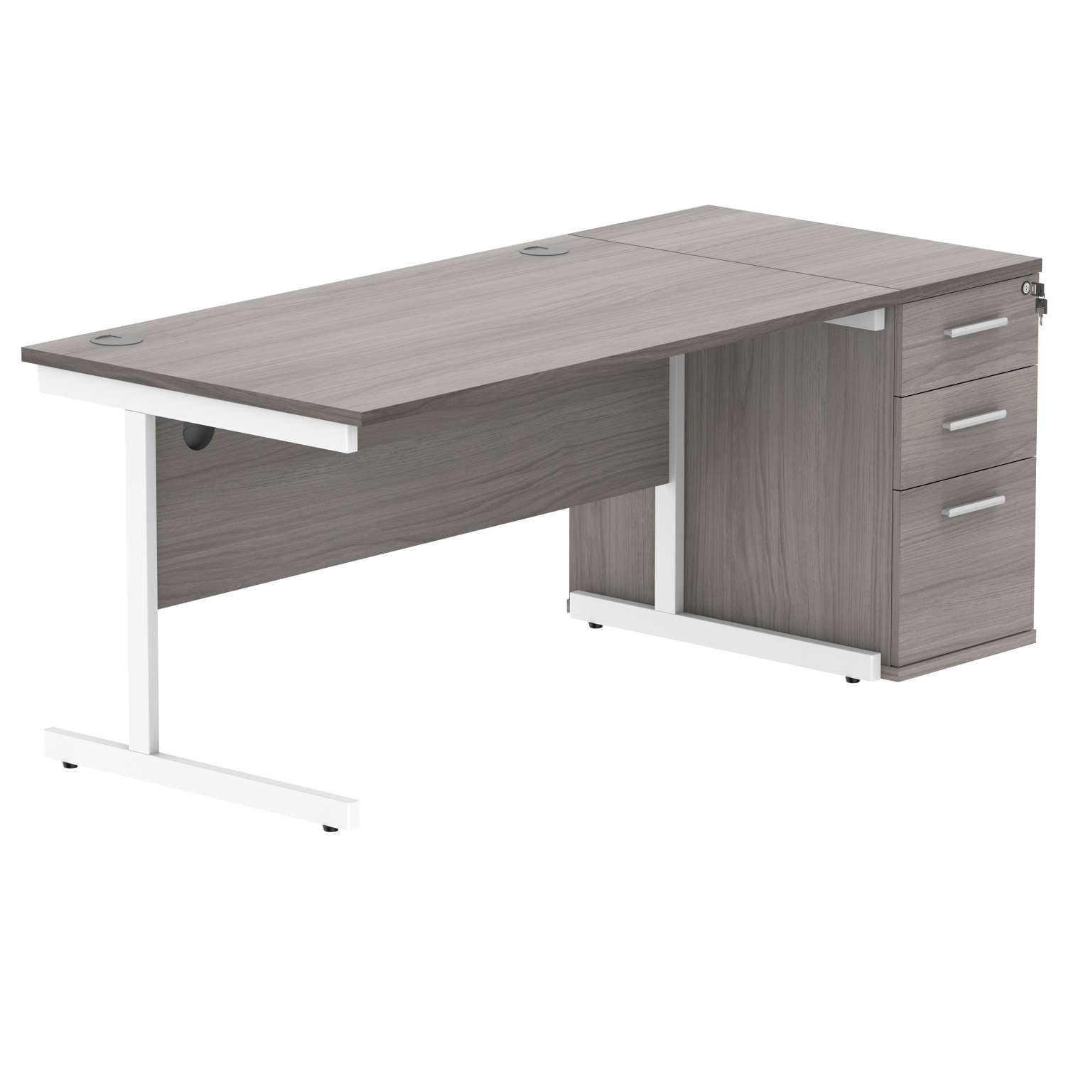 Single Upright Rectangular Desk + Desk High Pedestal (FSC) | 1400 X 800 | Alaskan Grey Oak/White