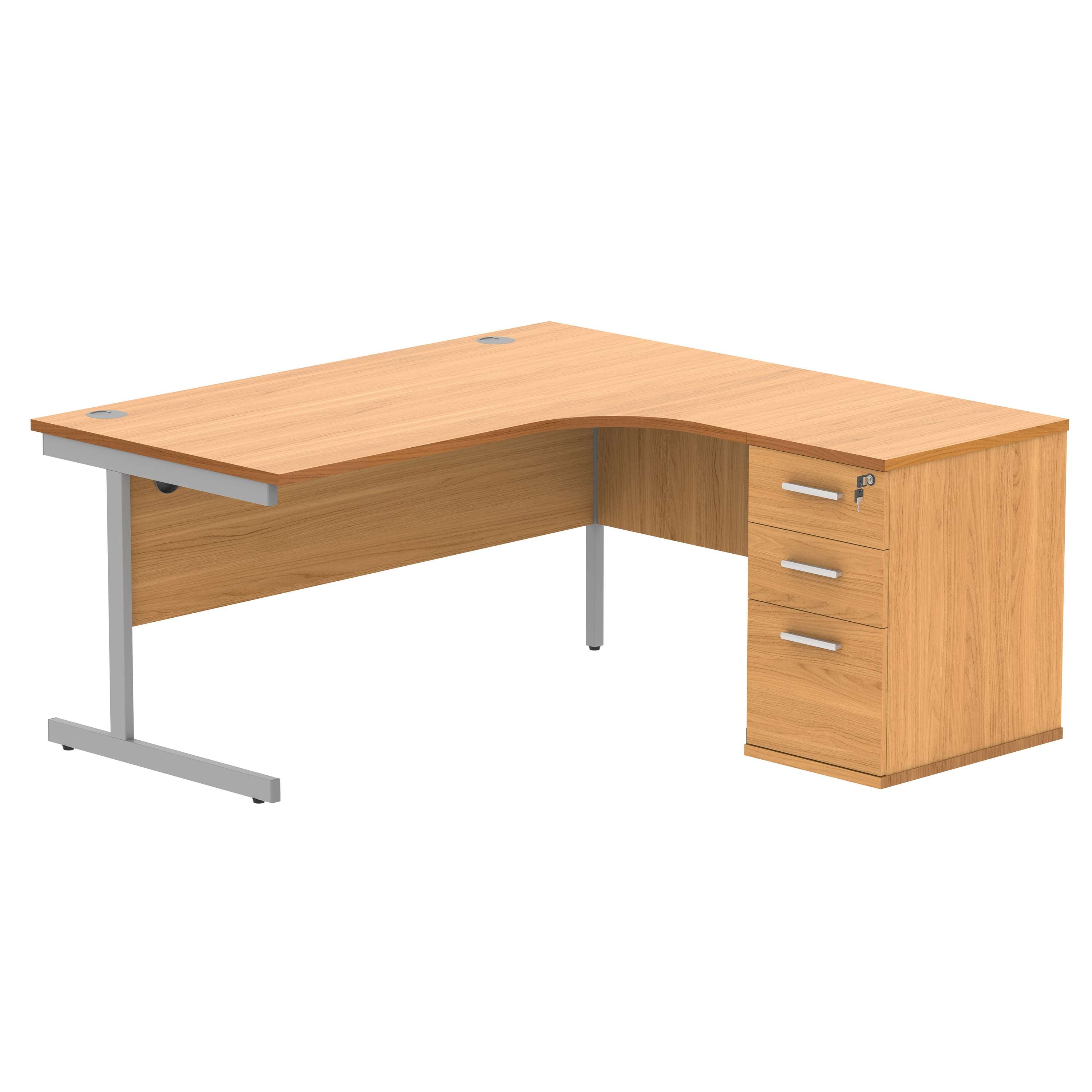 Single Upright Right Hand Radial Desk + Desk High Pedestal (FSC) | 600mm Deep Pedestal | 1600 X 1200 | Norwegian Beech/Silver