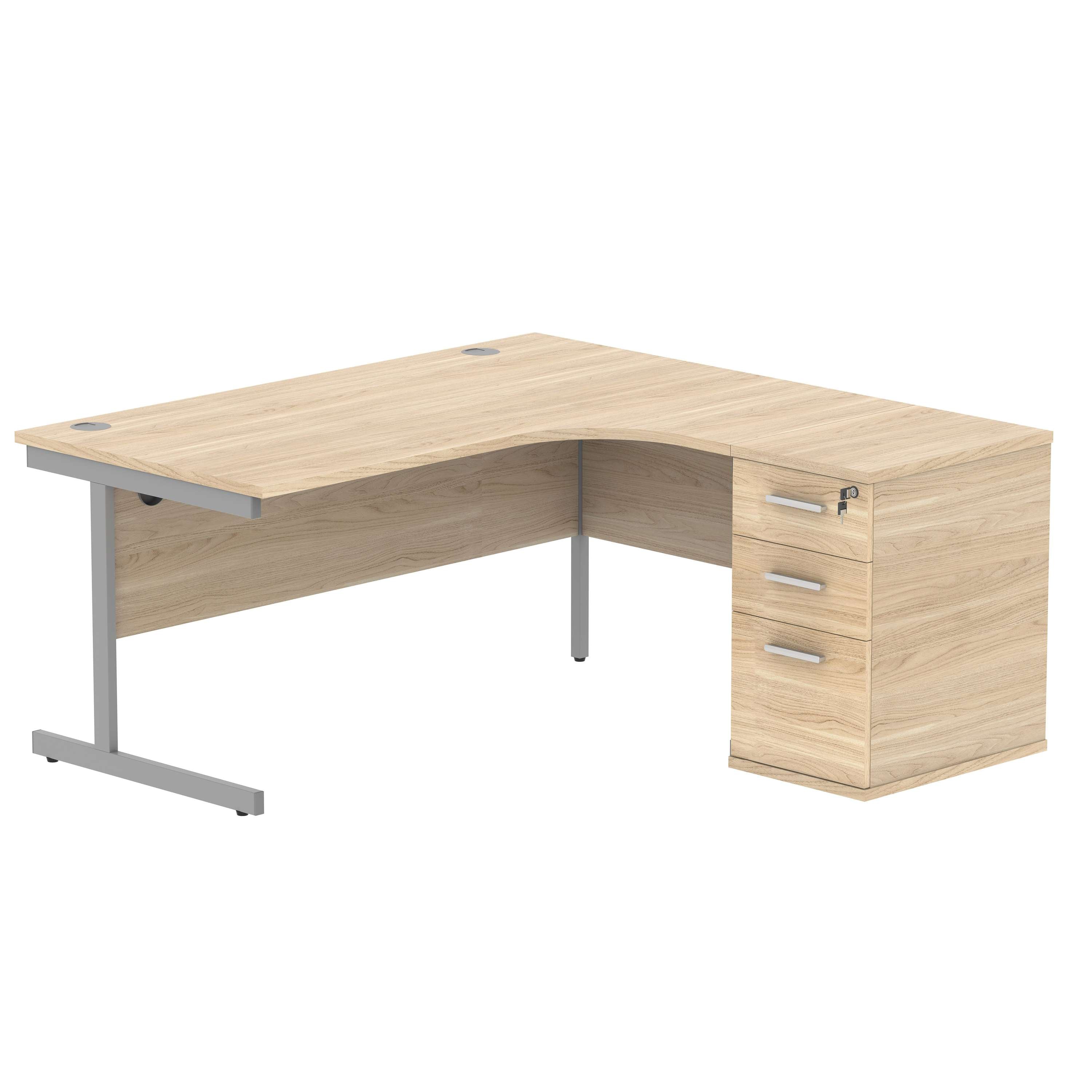 Single Upright Right Hand Radial Desk + Desk High Pedestal (FSC) | 600mm Deep Pedestal | 1600 X 1200 | Canadian Oak/Silver