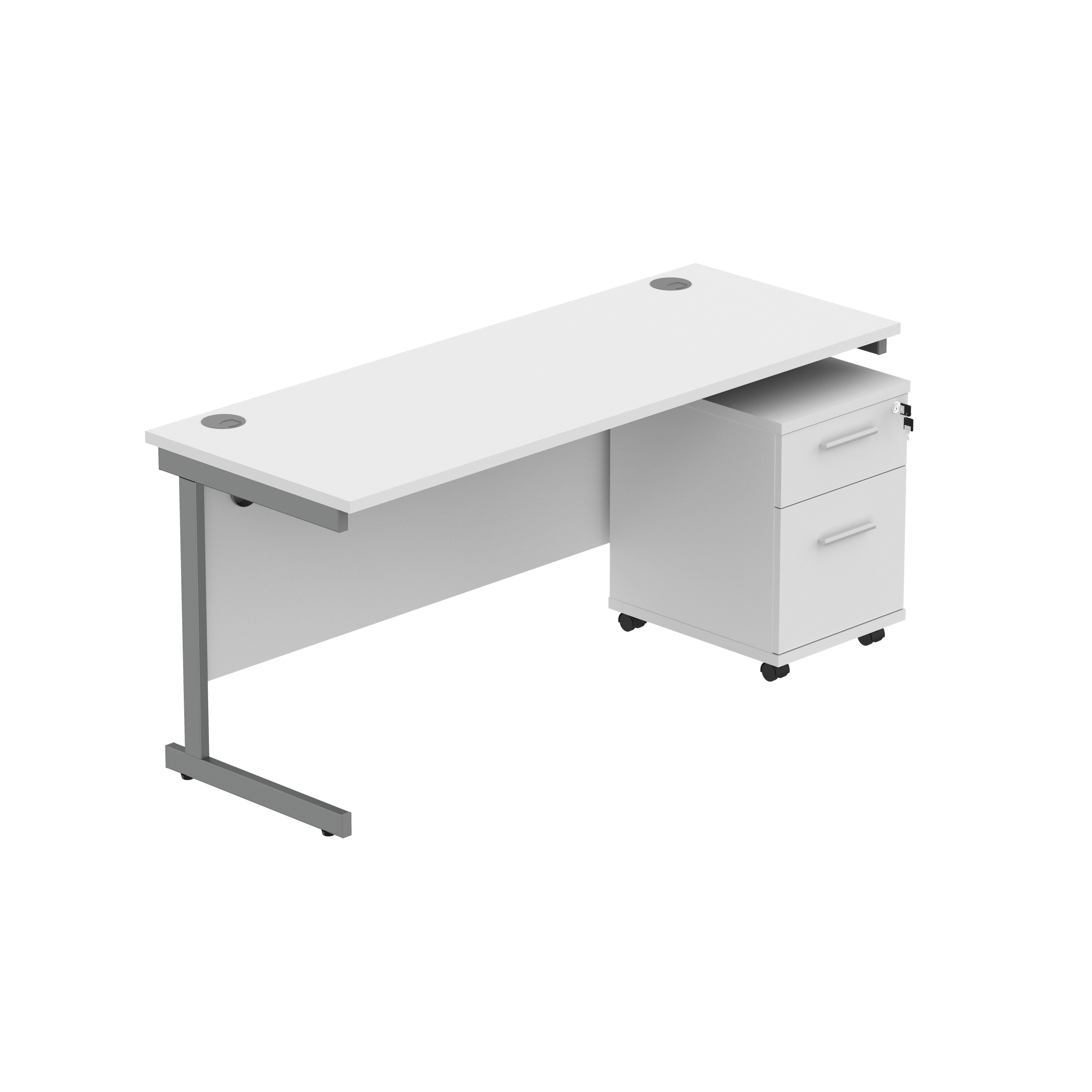 Single Upright Rectangular Desk + 2 Drawer Mobile Under Desk Pedestal (FSC) | 1600 X 600 | Arctic White/Graphite