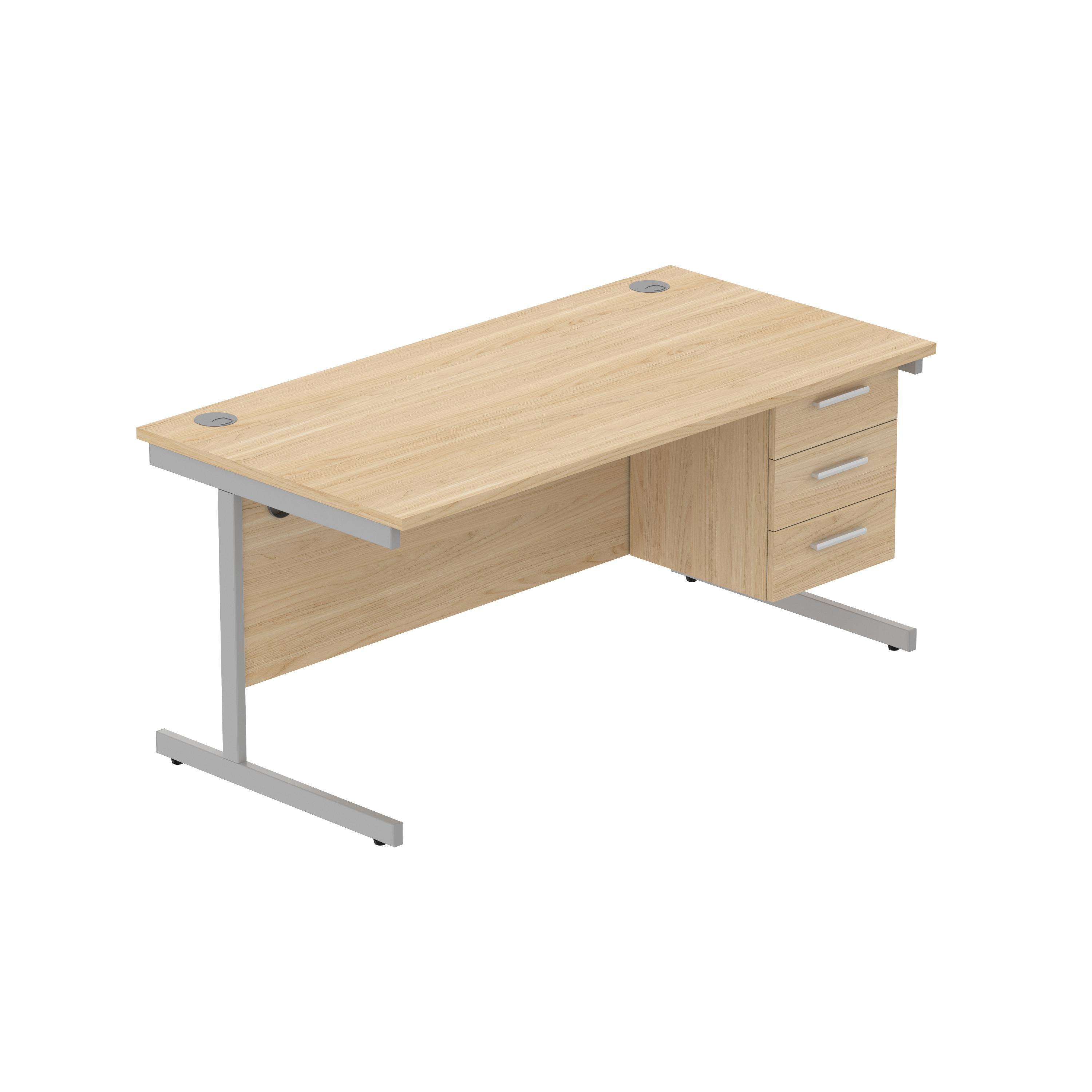Office Rectangular Desk with Steel Single Upright Cantilever Legs + 3 Drawer Fixed Pedestal (FSC) | 1600X800 | Canadian Oak/Silver
