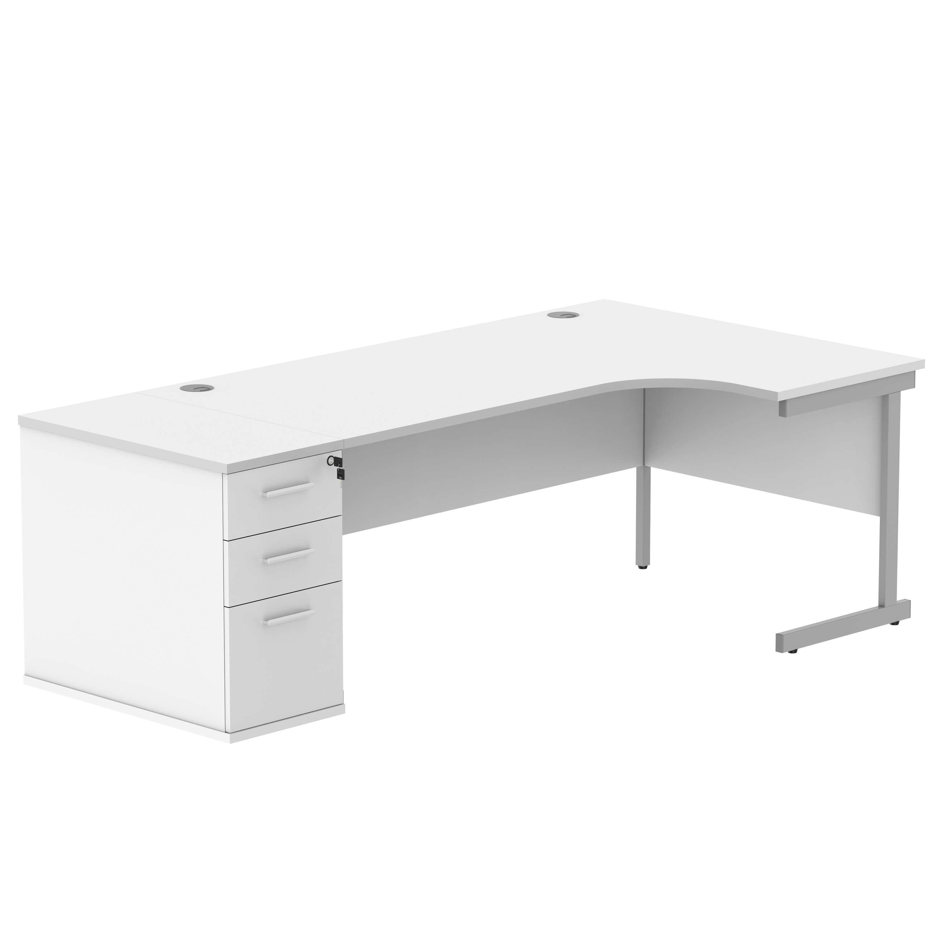 Single Upright Right Hand Radial Desk + Desk High Pedestal (FSC) | 800mm Deep Pedestal | 1800 X 1200 | Arctic White/Silver