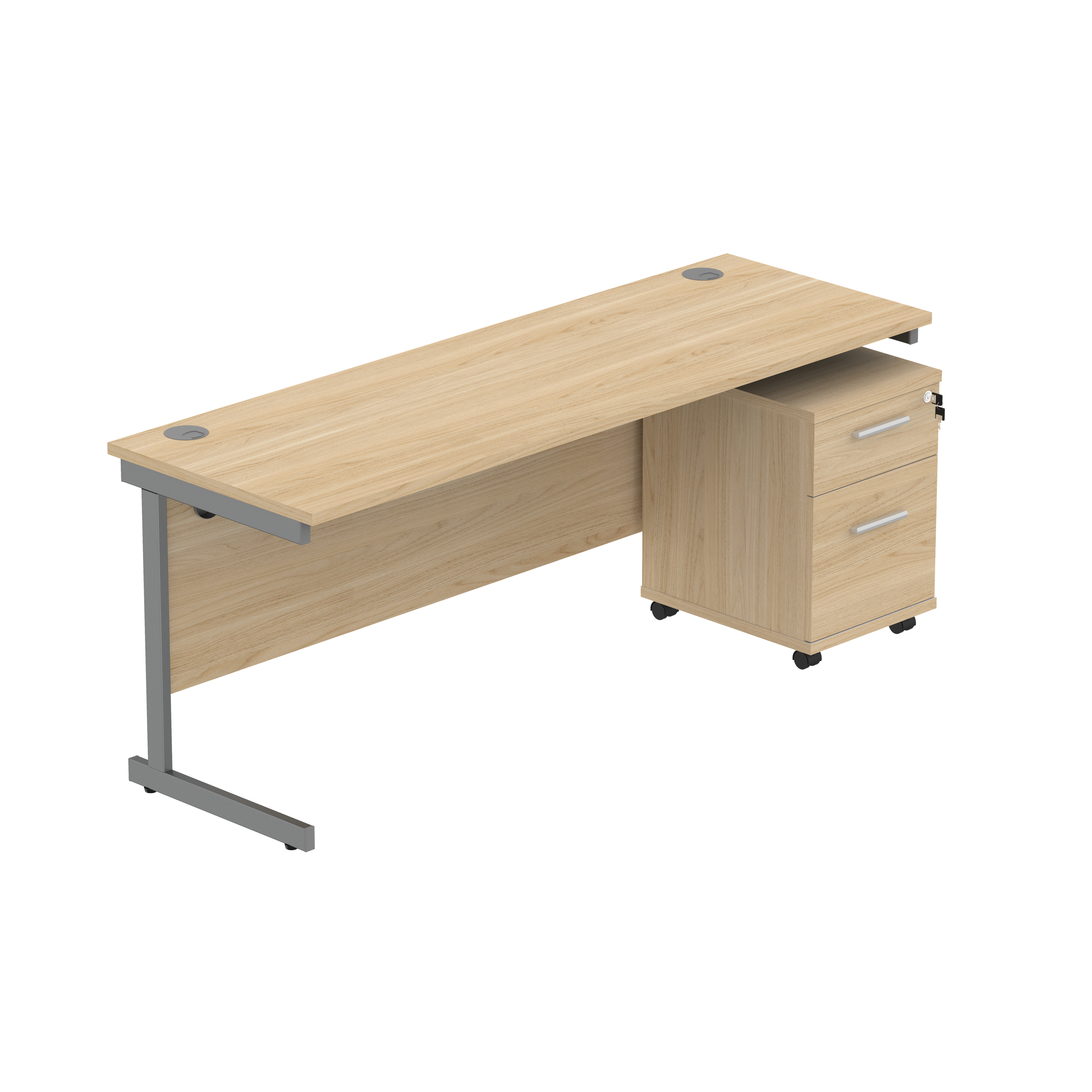 Single Upright Rectangular Desk + 2 Drawer Mobile Under Desk Pedestal (FSC) | 1800 X 600 | Canadian Oak/Graphite