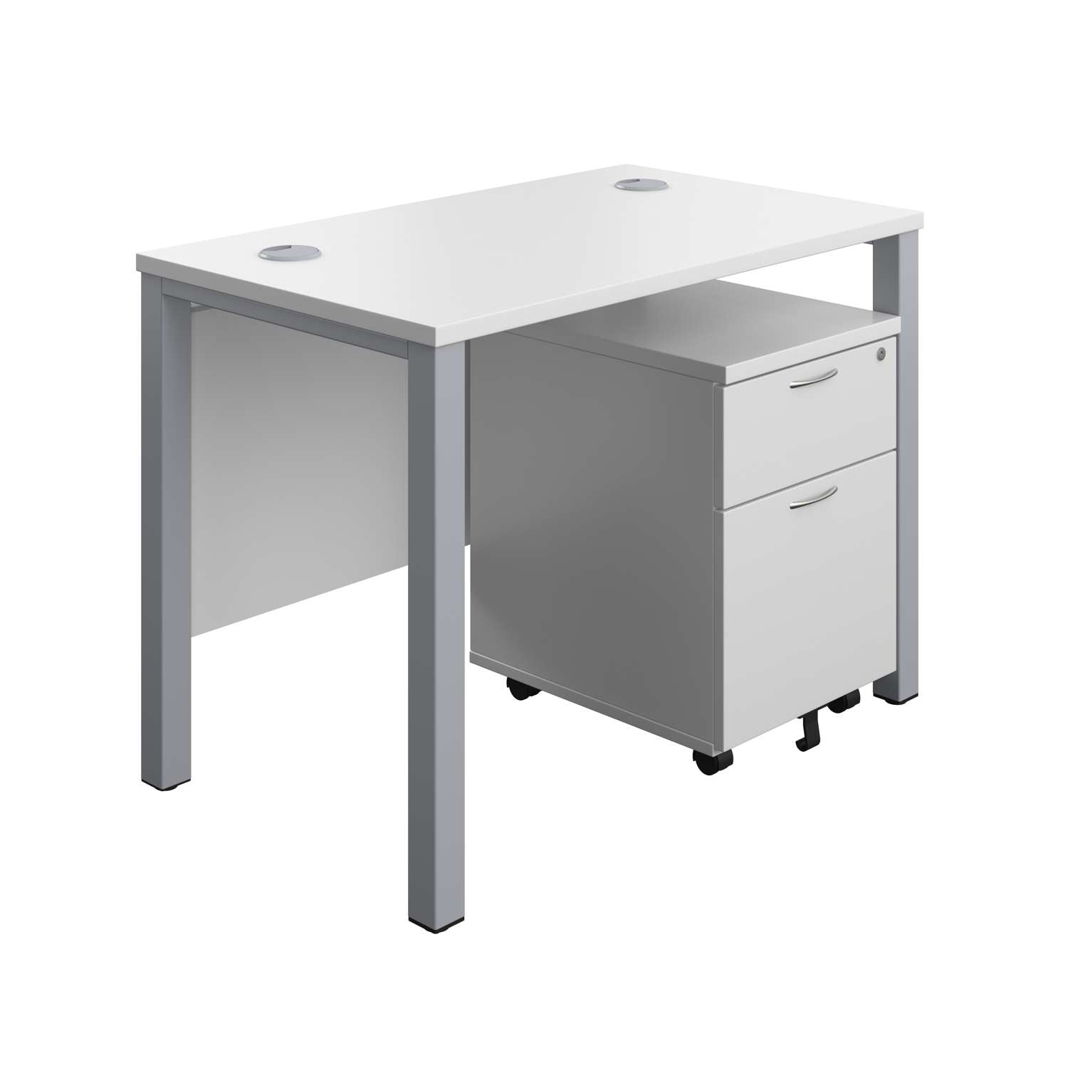 Goal Post Rectangular Desk + 2 Drawer Mobile Pedestal (FSC) | 1000x600 | White/Silver