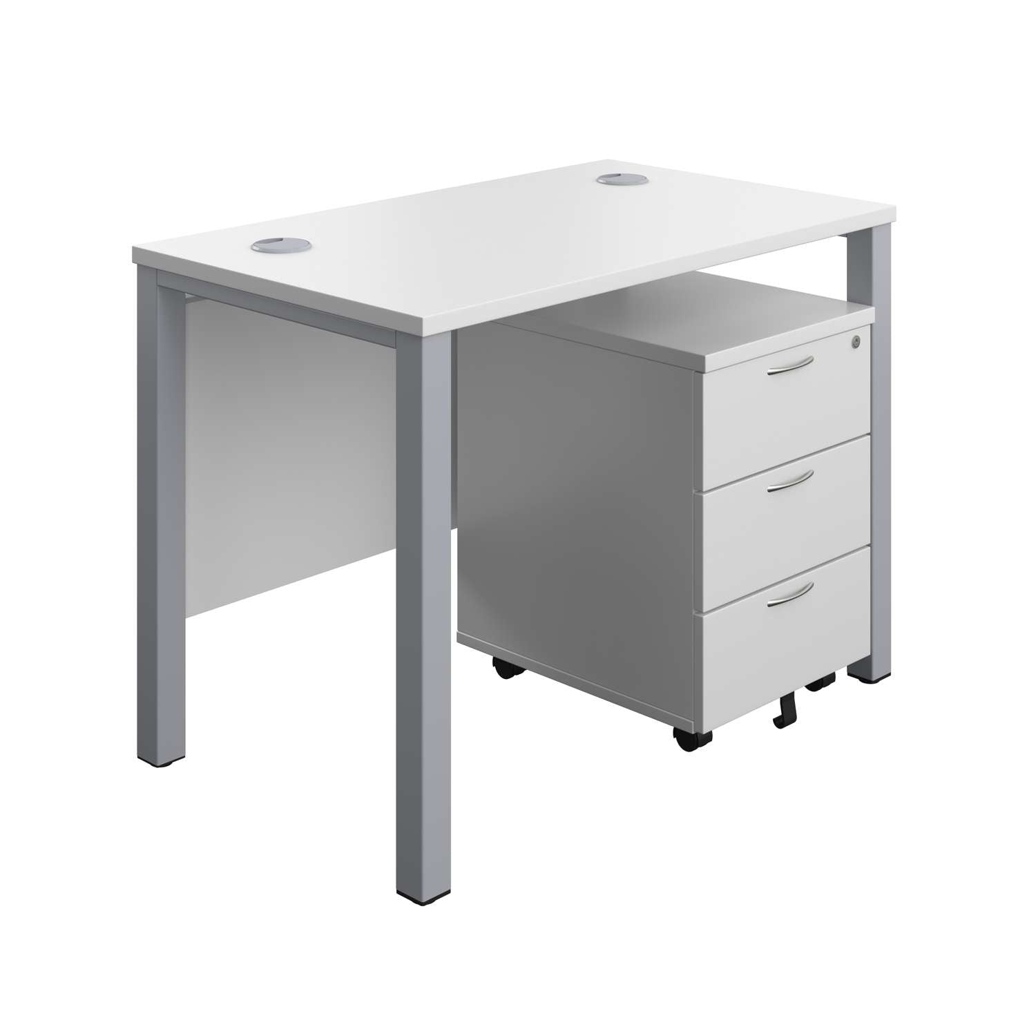 Goal Post Rectangular Desk + 3 Drawer Mobile Pedestal (FSC) | 1000x600 | White/Silver