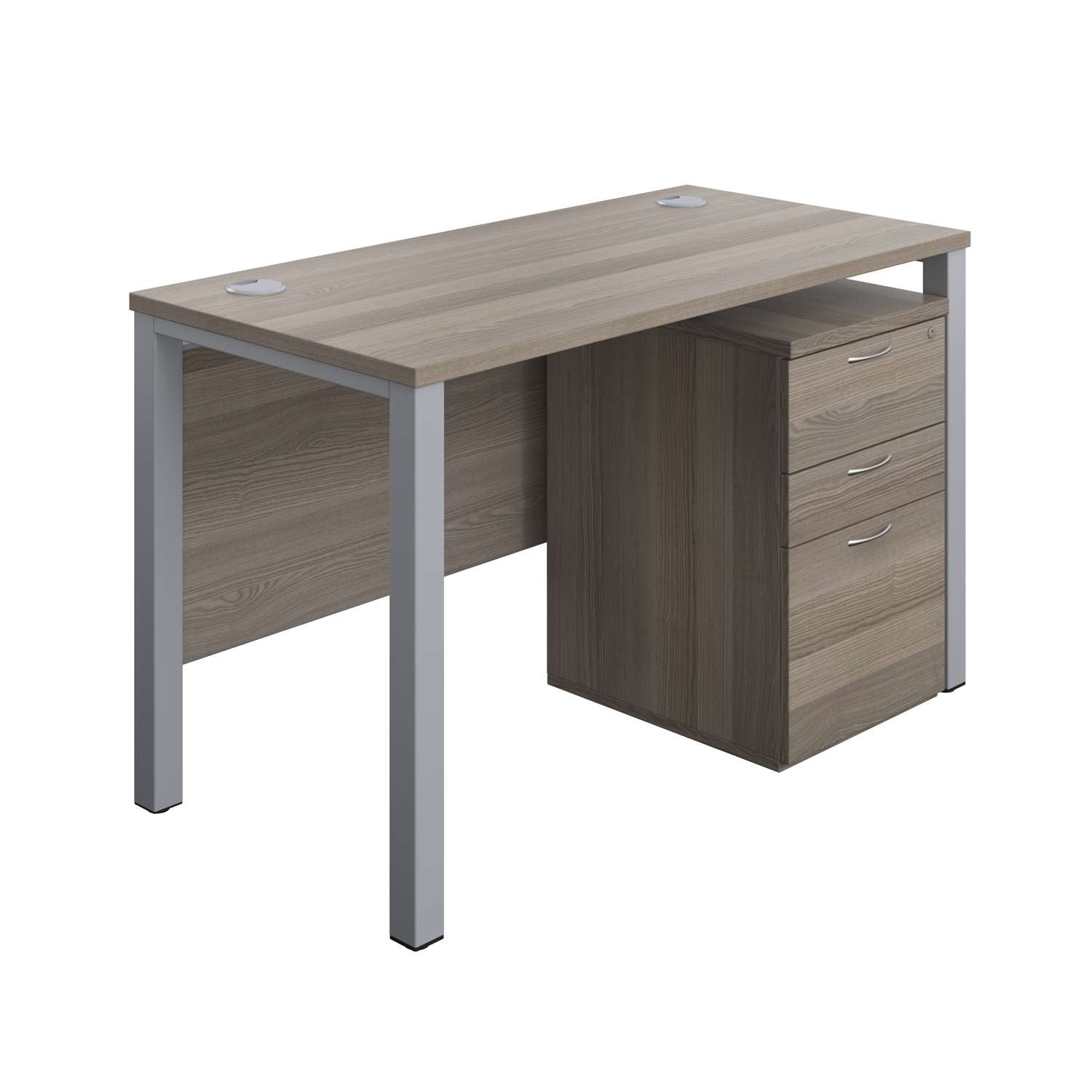 Goal Post Rectangular Desk + 3 Drawer High Mobile Pedestal (FSC) | 1200x600 | Grey oak/Silver