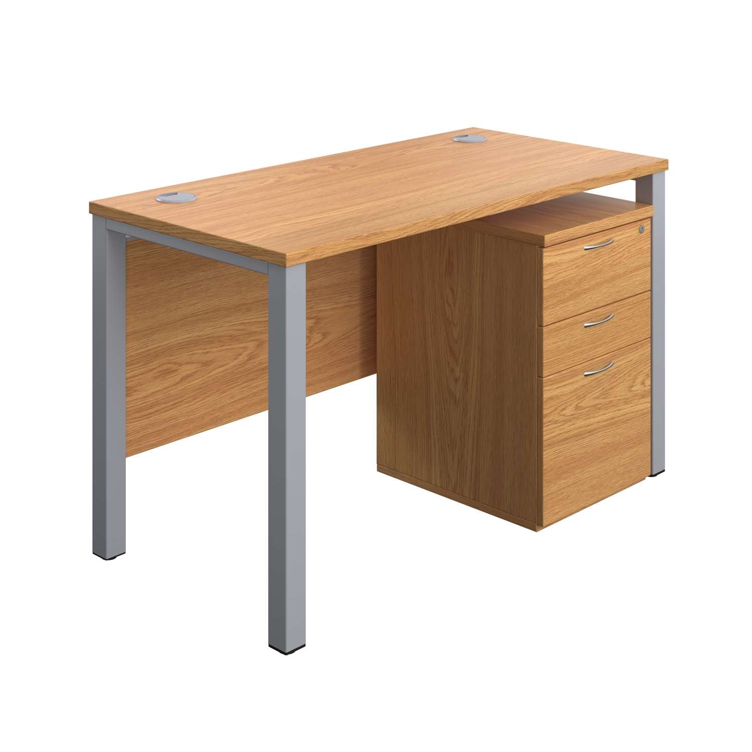 Goal Post Rectangular Desk + 3 Drawer High Mobile Pedestal (FSC) | 1200x600 | Nova oak/Silver
