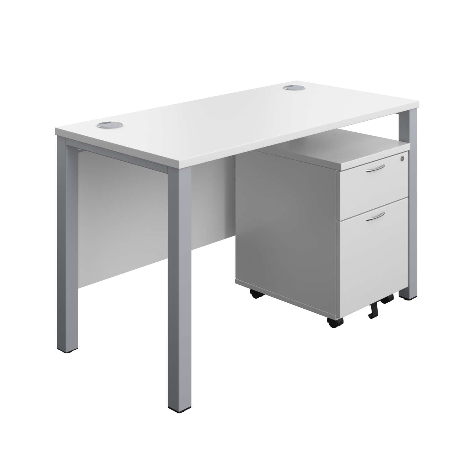 Goal Post Rectangular Desk + 2 Drawer Mobile Pedestal (FSC) | 1200x600 | White/Silver