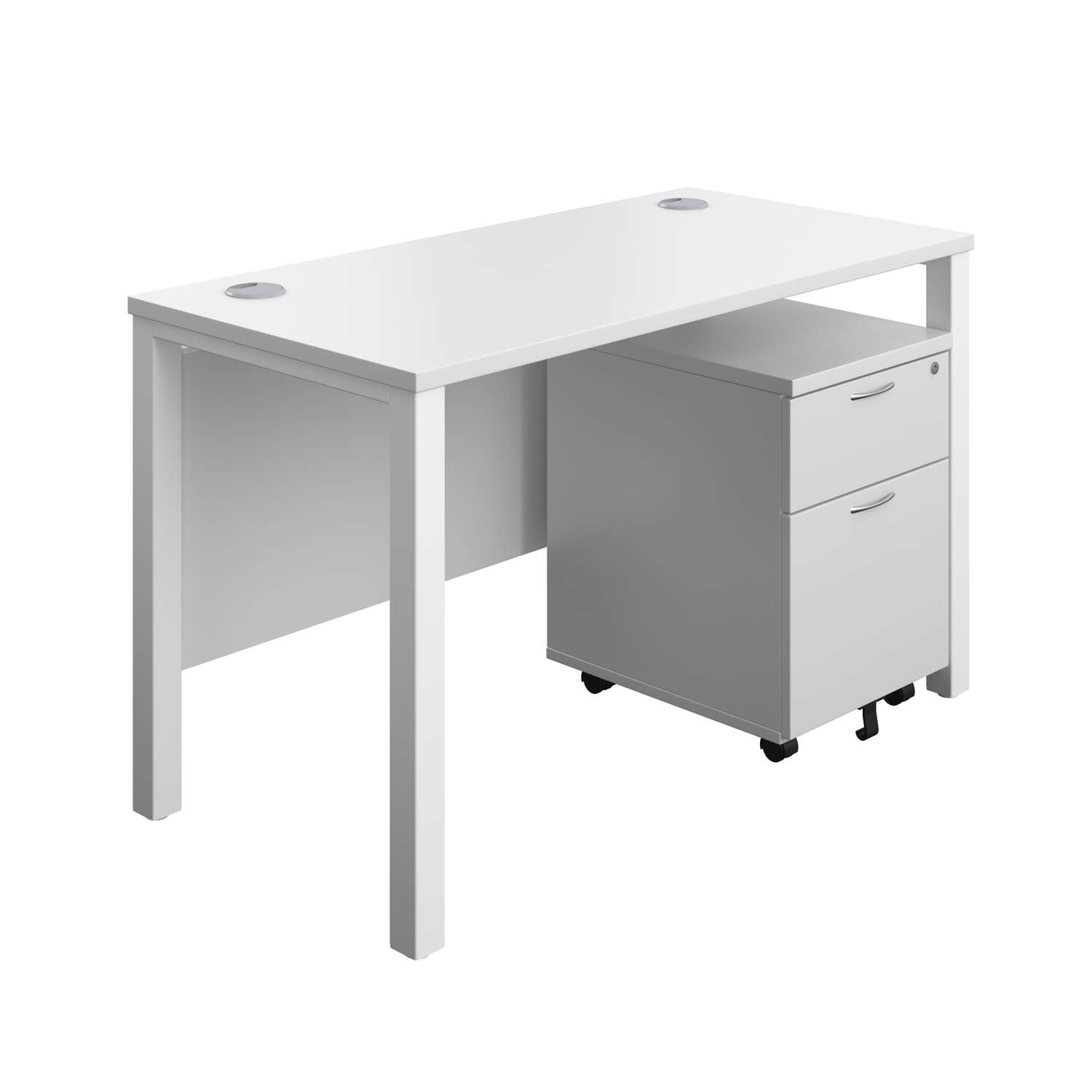 Goal Post Rectangular Desk + 2 Drawer Mobile Pedestal (FSC) | 1200x600 | White/White
