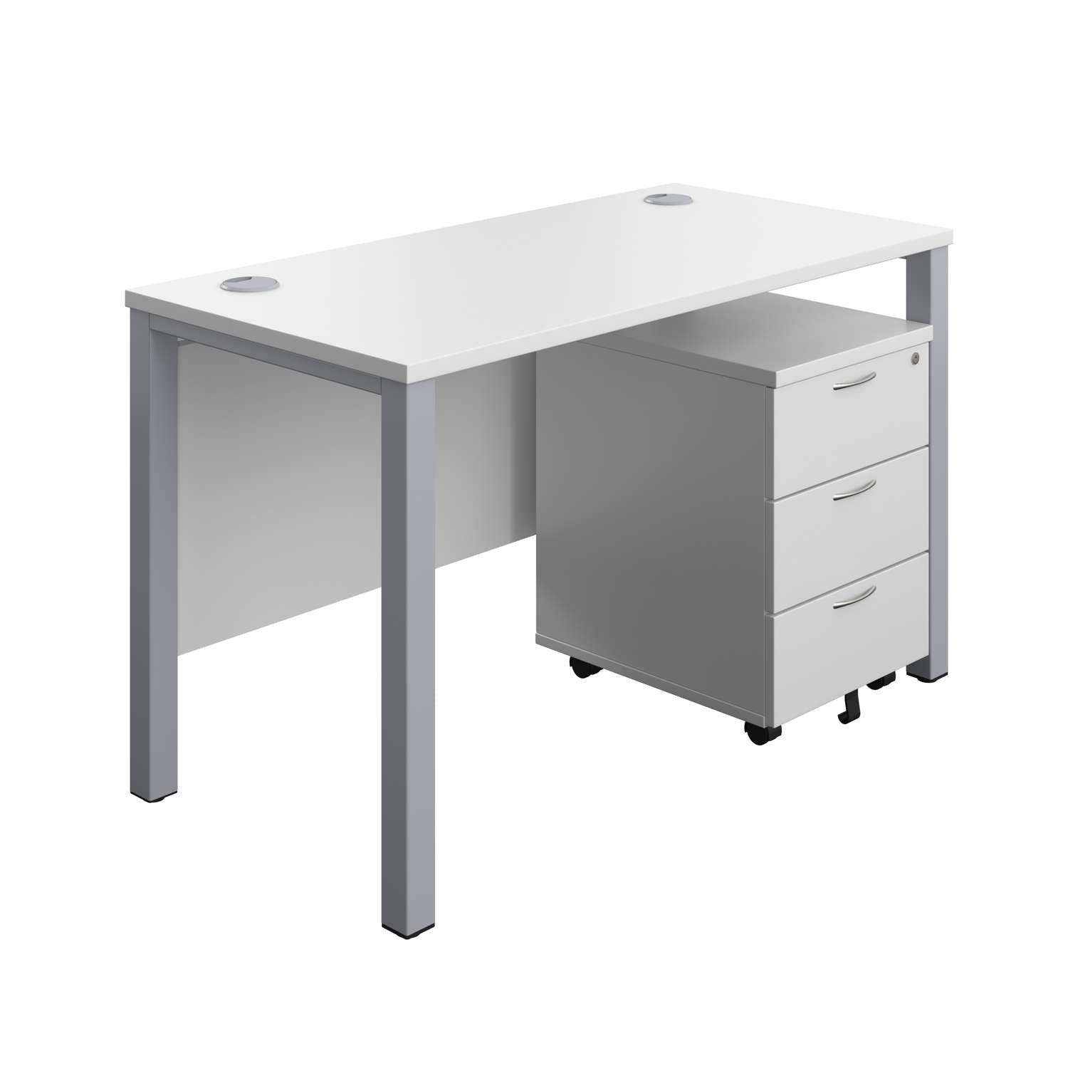 Goal Post Rectangular Desk + 3 Drawer Mobile Pedestal (FSC) | 1200x600 | White/Silver