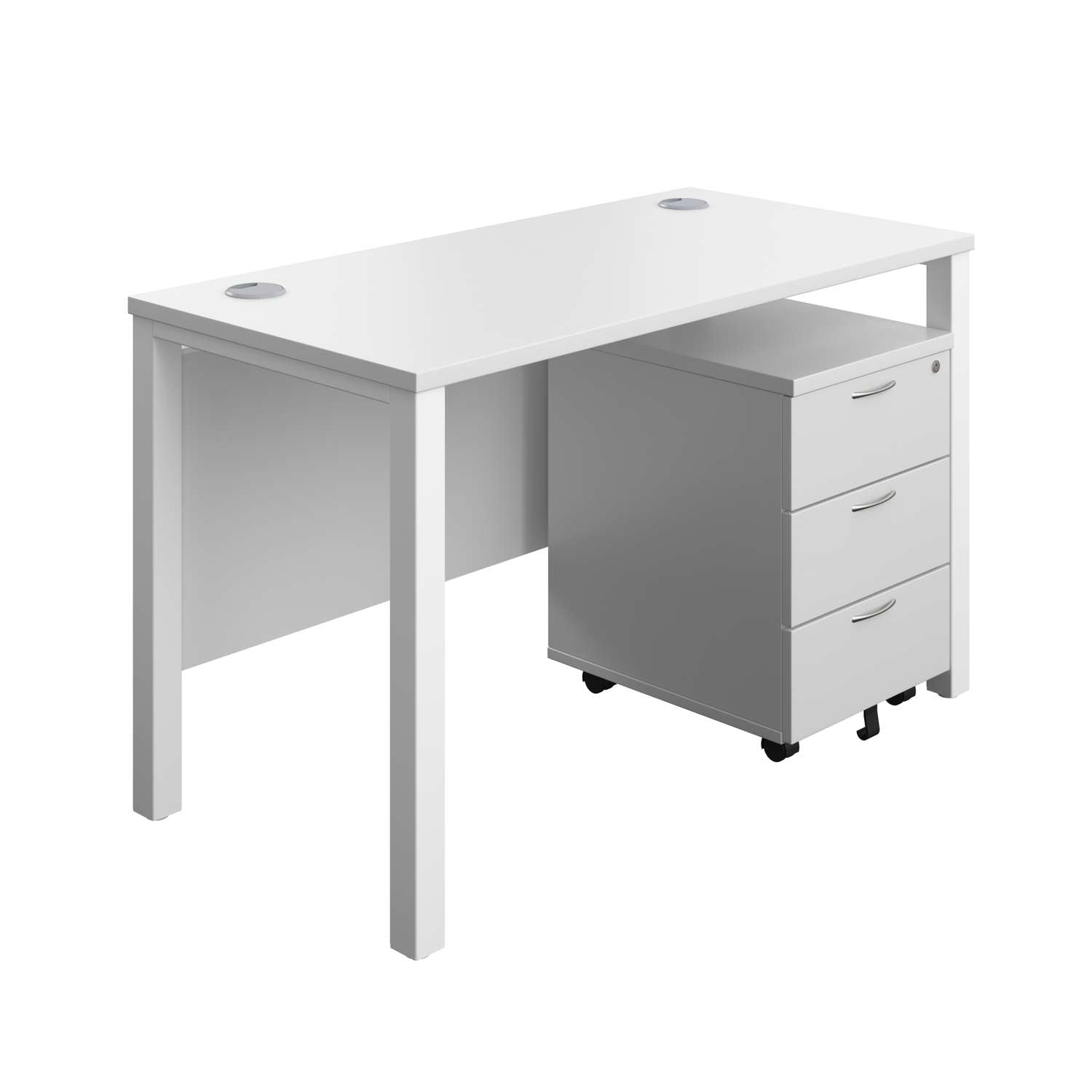 Goal Post Rectangular Desk + 3 Drawer Mobile Pedestal (FSC) | 1200x600 | White/White