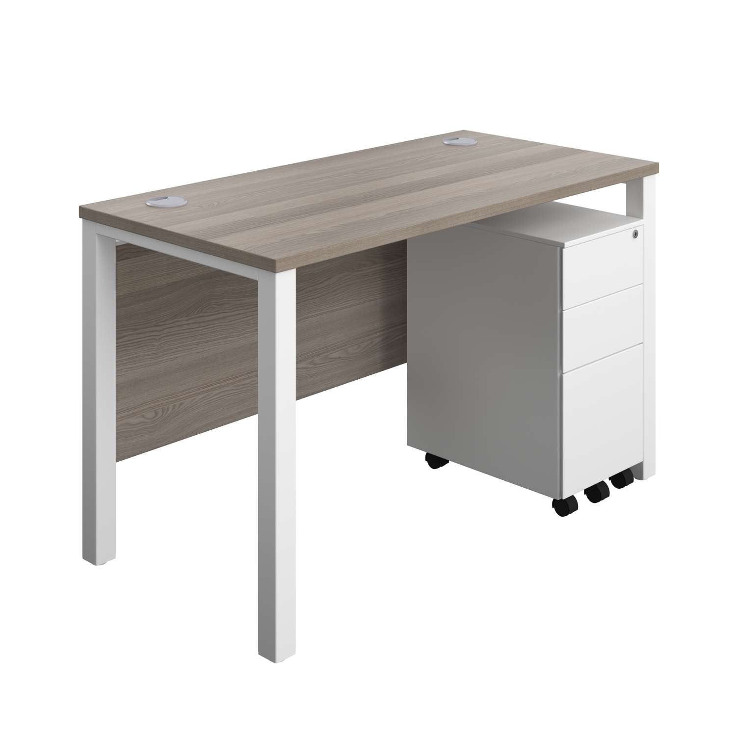 Goal Post Rectangular Desk + 3 Drawer Slimline Steel Pedestal (FSC) | 1200x600 | Grey oak/White