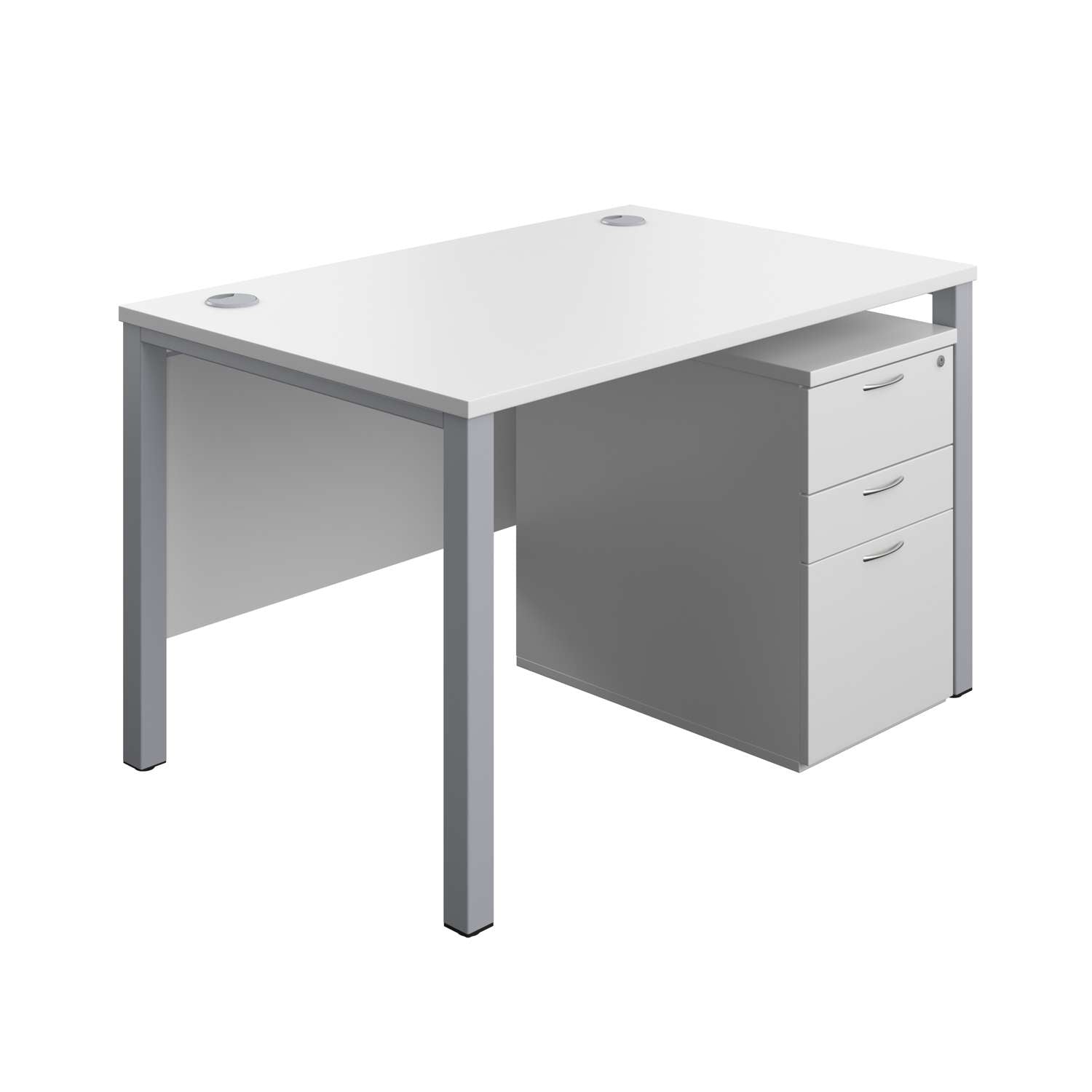 Goal Post Rectangular Desk + 3 Drawer High Mobile Pedestal (FSC) | 1200x800 | White/Silver