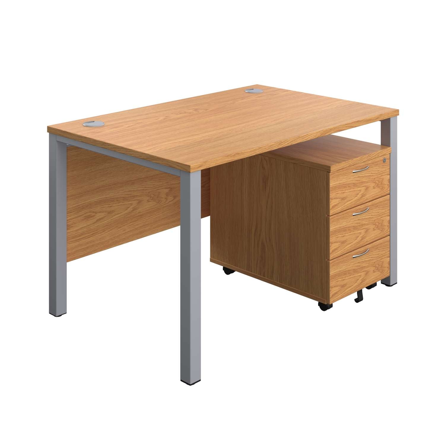 Goal Post Rectangular Desk + 3 Drawer Mobile Pedestal (FSC) | 1200x800 | Nova oak/Silver