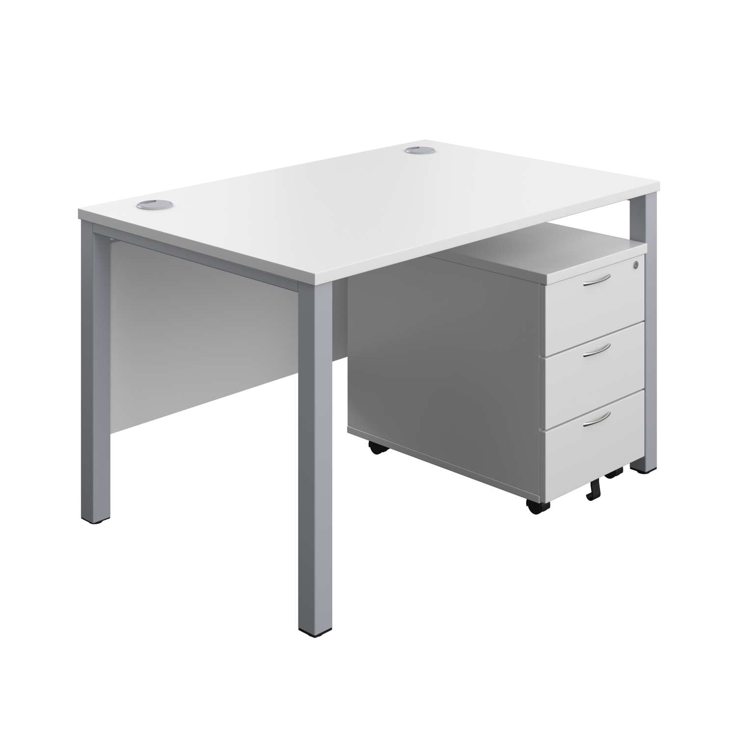 Goal Post Rectangular Desk + 3 Drawer Mobile Pedestal (FSC) | 1200x800 | White/Silver