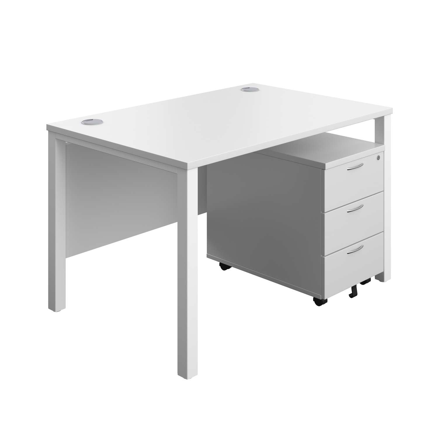 Goal Post Rectangular Desk + 3 Drawer Mobile Pedestal (FSC) | 1200x800 | White/White