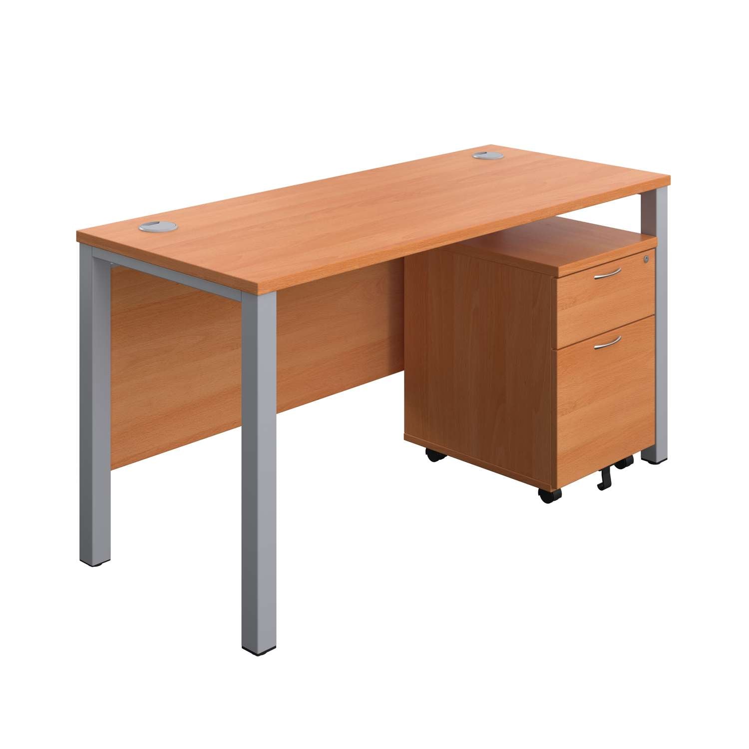 Goal Post Rectangular Desk + 2 Drawer Mobile Pedestal (FSC) | 1400x600 | Beech/Silver