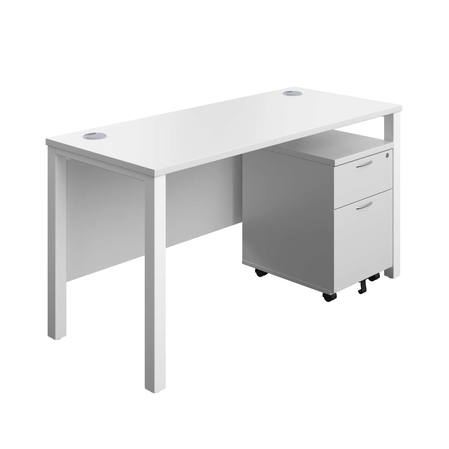 Goal Post Rectangular Desk + 2 Drawer Mobile Pedestal (FSC) | 1400x600 | White/White