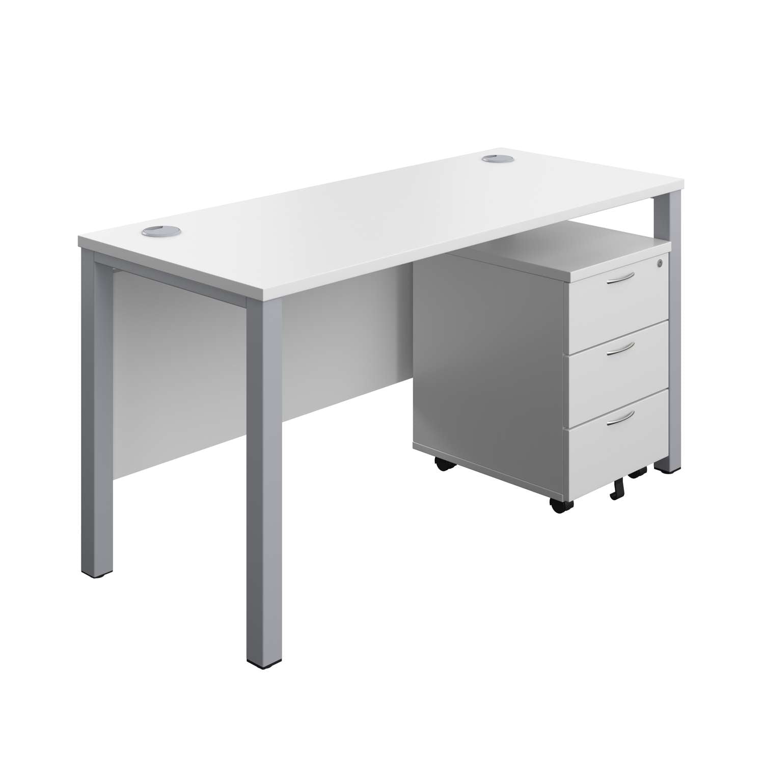 Goal Post Rectangular Desk + 3 Drawer Mobile Pedestal (FSC) | 1400x600 | White/Silver