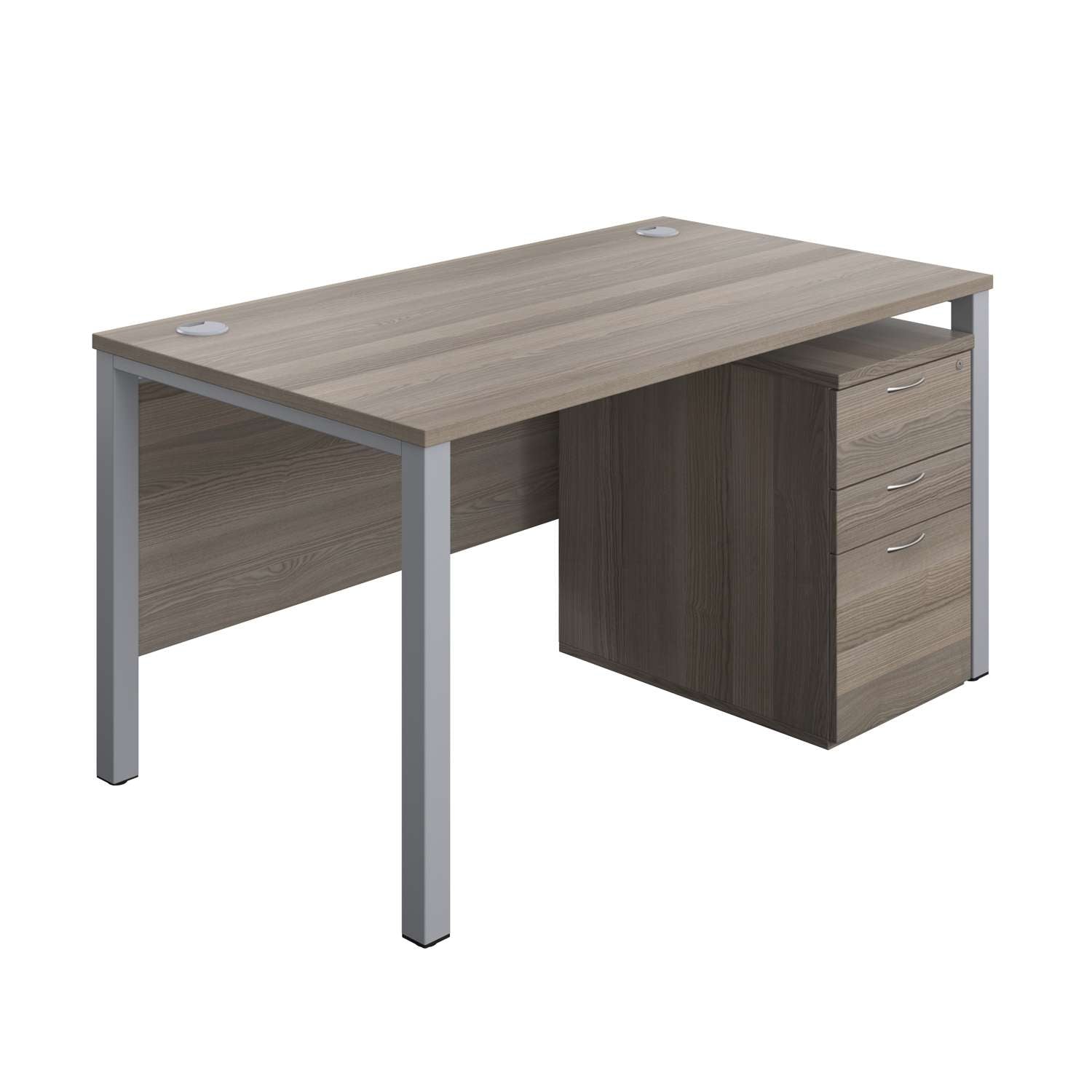 Goal Post Rectangular Desk + 3 Drawer High Mobile Pedestal (FSC) | 1400x800 | Grey oak/Silver