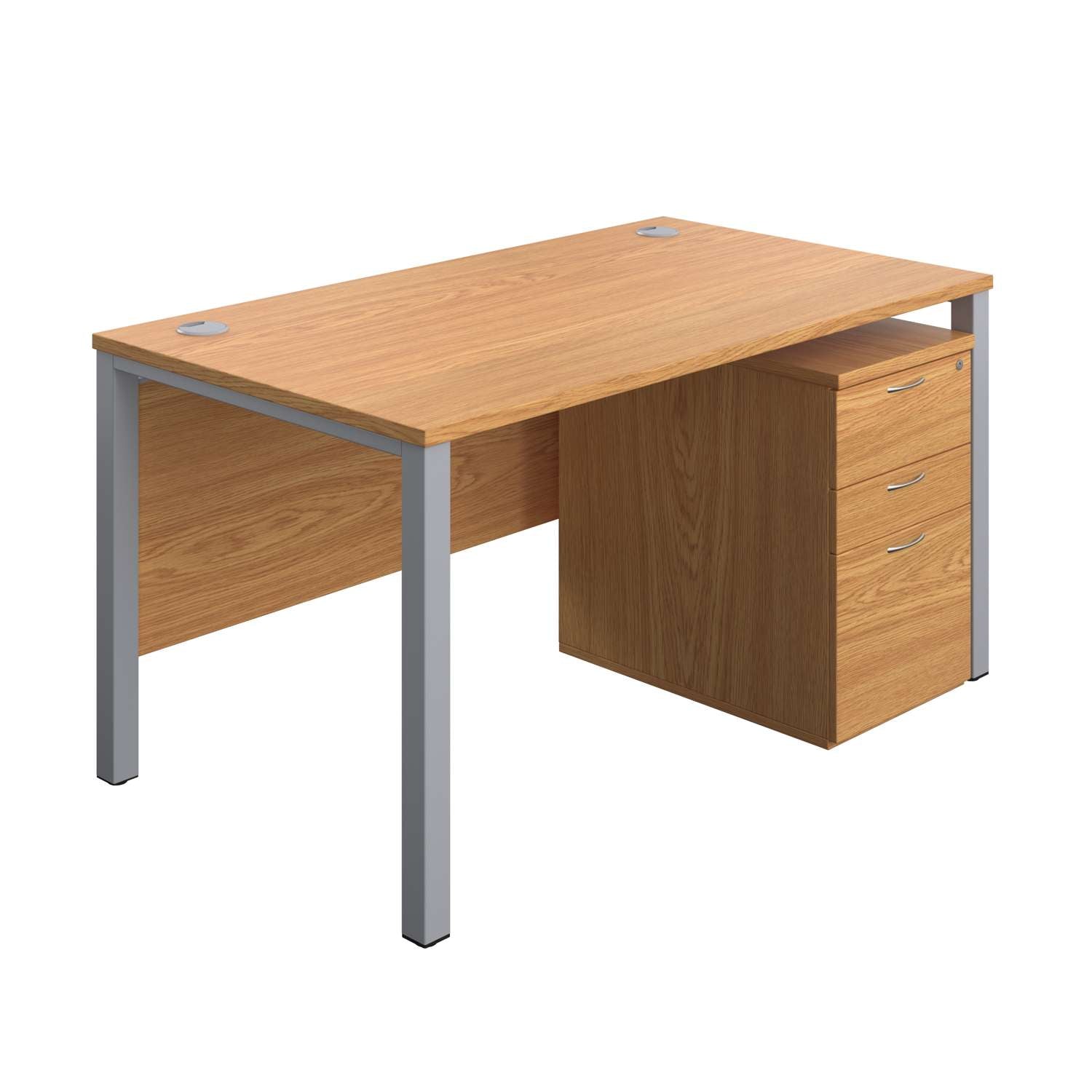Goal Post Rectangular Desk + 3 Drawer High Mobile Pedestal (FSC) | 1400x800 | Nova oak/Silver
