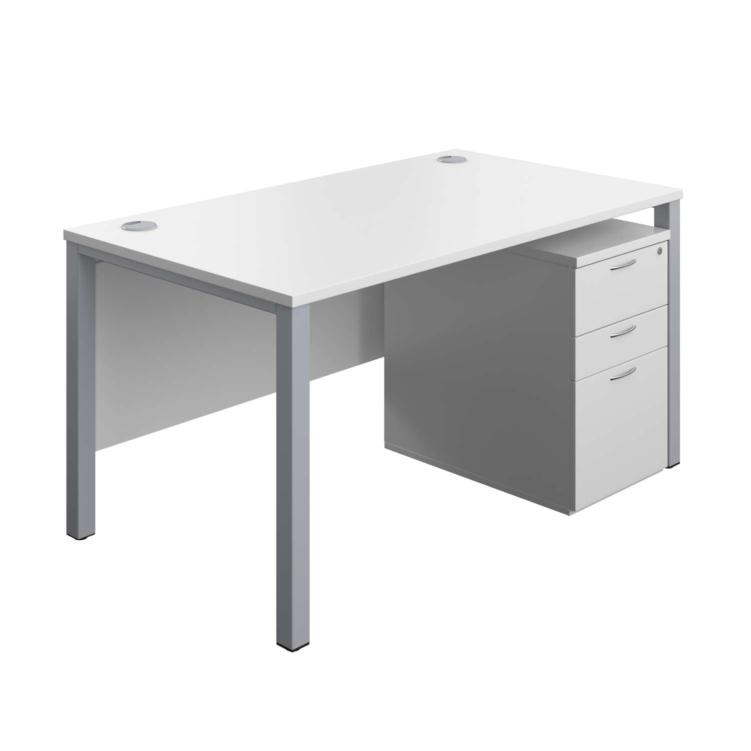Goal Post Rectangular Desk + 3 Drawer High Mobile Pedestal (FSC) | 1400x800 | White/Silver