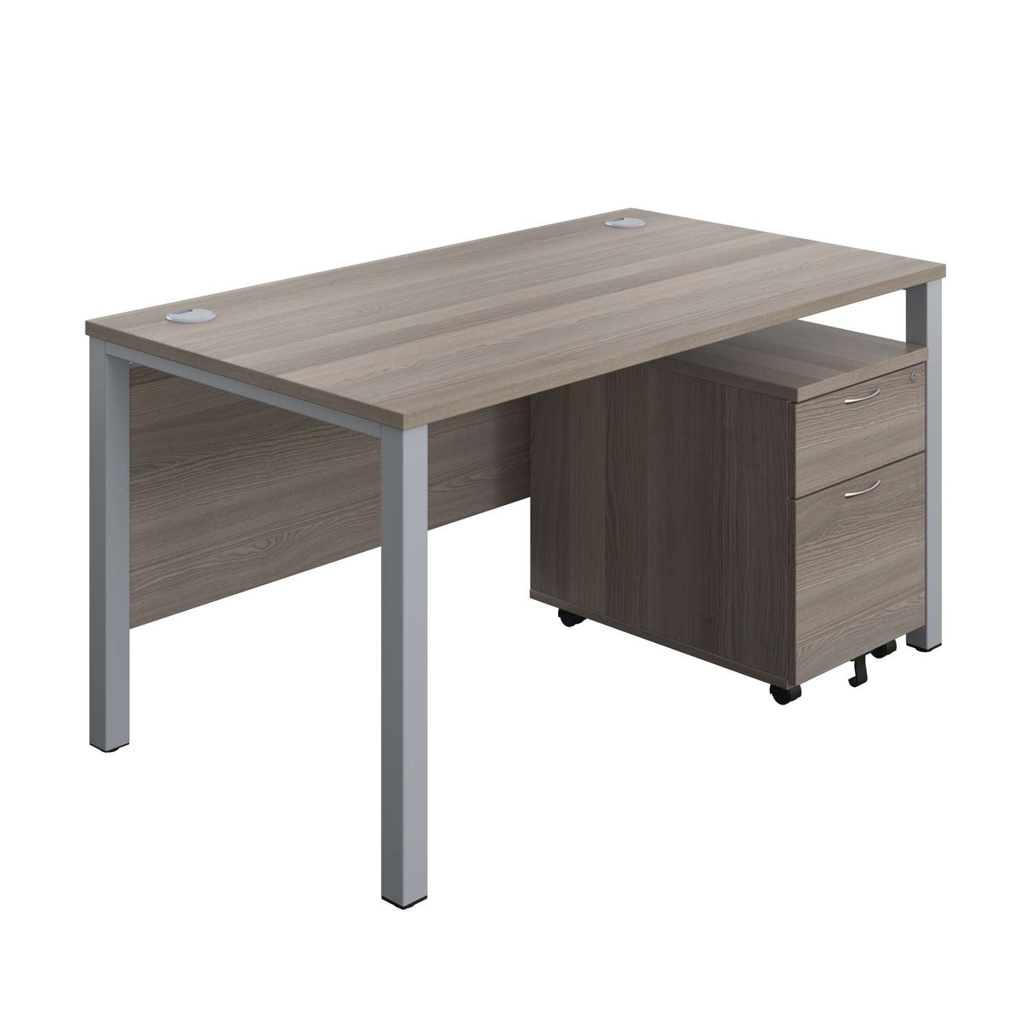 Goal Post Rectangular Desk + 2 Drawer Mobile Pedestal (FSC) | 1400x800 | Grey oak/Silver