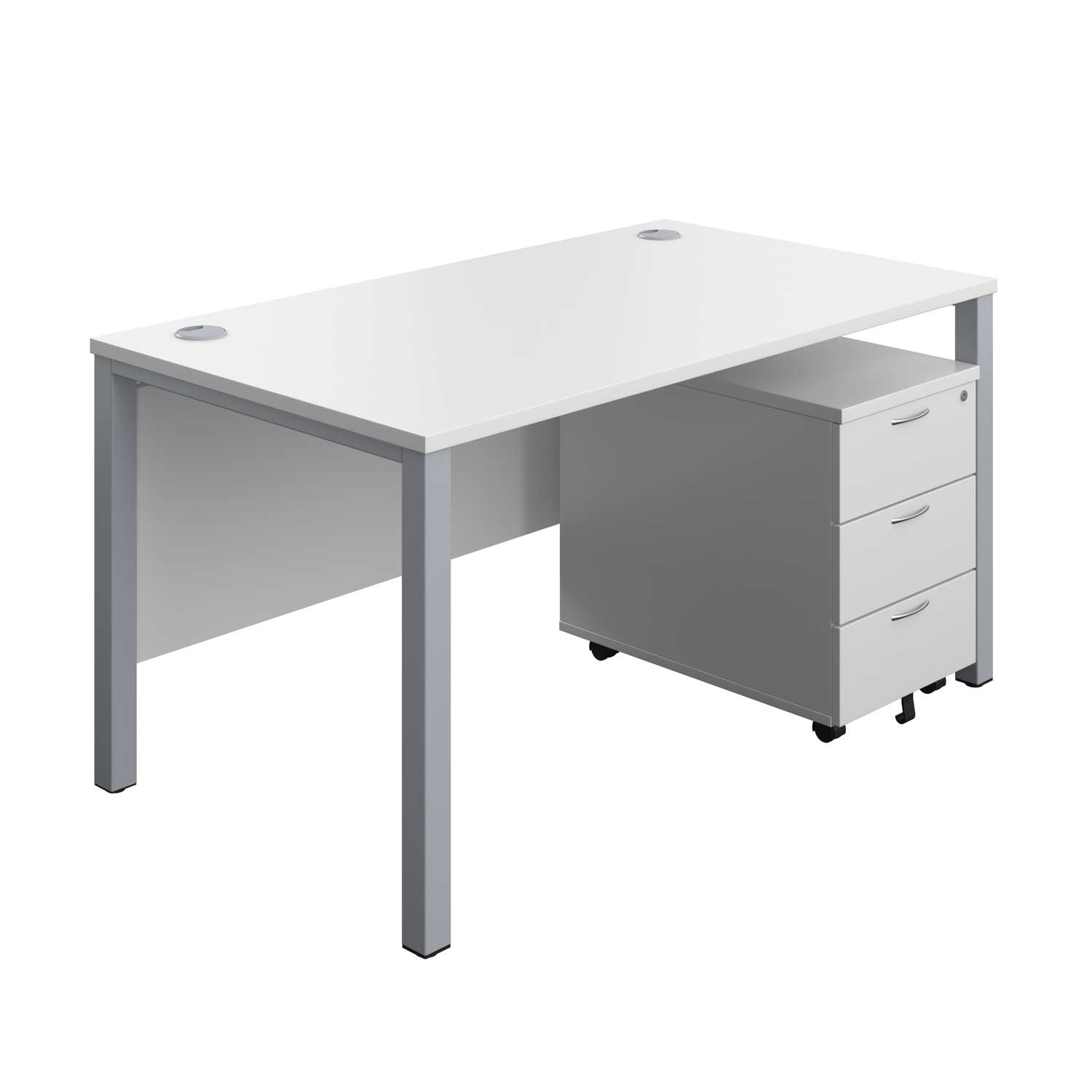Goal Post Rectangular Desk + 3 Drawer Mobile Pedestal (FSC) | 1400x800 | White/Silver