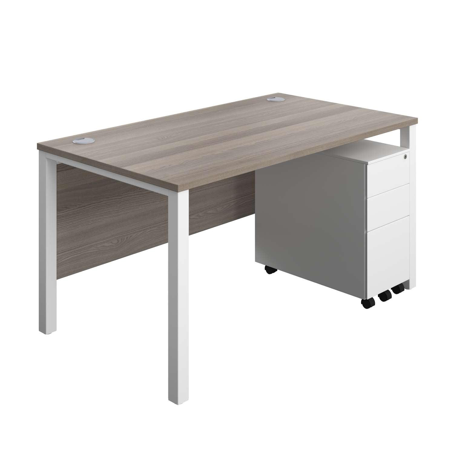 Goal Post Rectangular Desk + 3 Drawer Slimline Steel Pedestal (FSC) | 1400x800 | Grey oak/White