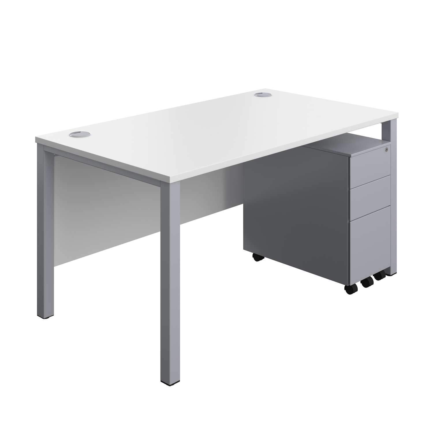 Goal Post Rectangular Desk + 3 Drawer Slimline Steel Pedestal (FSC) | 1400x800 | White/Silver