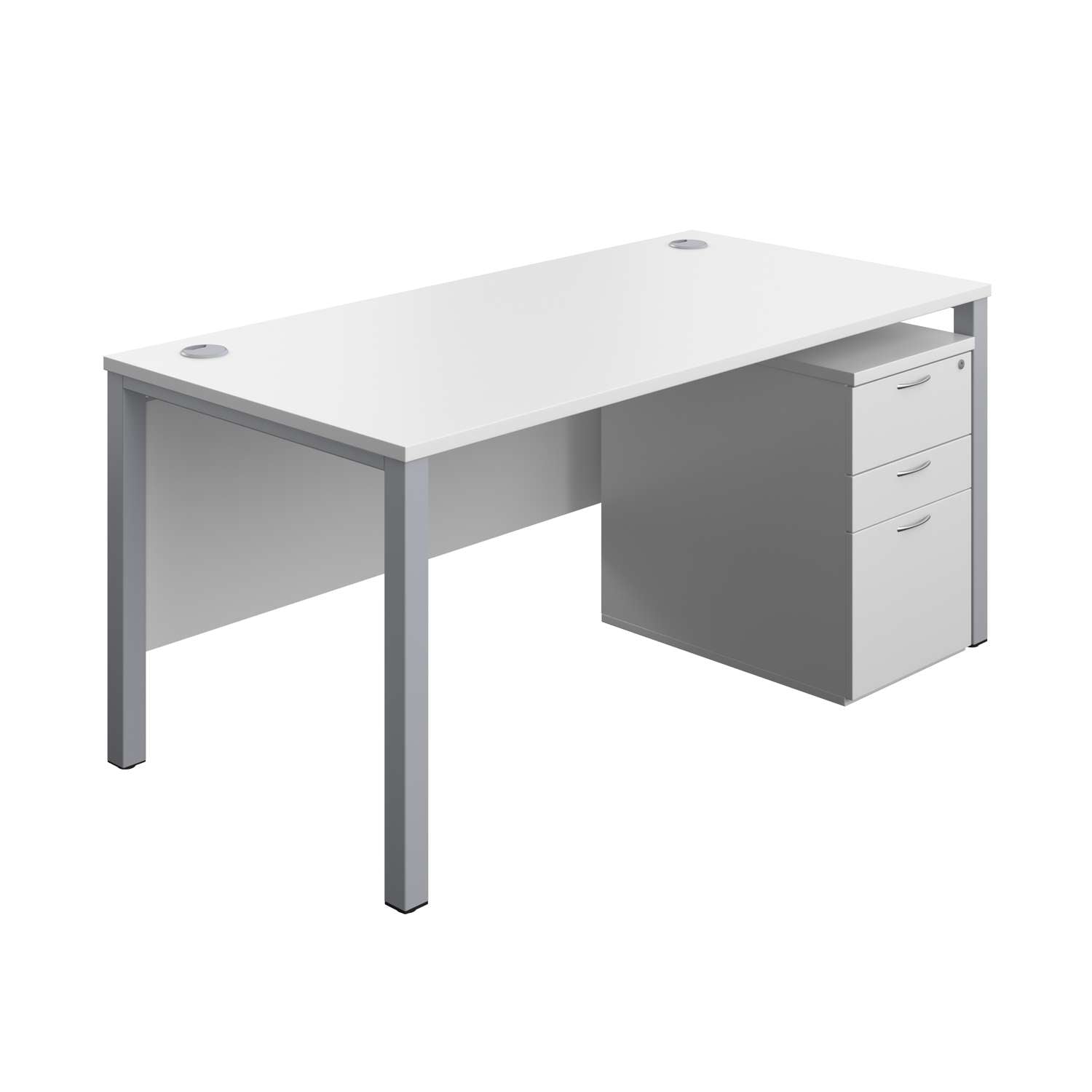 Goal Post Rectangular Desk + 3 Drawer High Mobile Pedestal (FSC) | 1600x800 | White/Silver