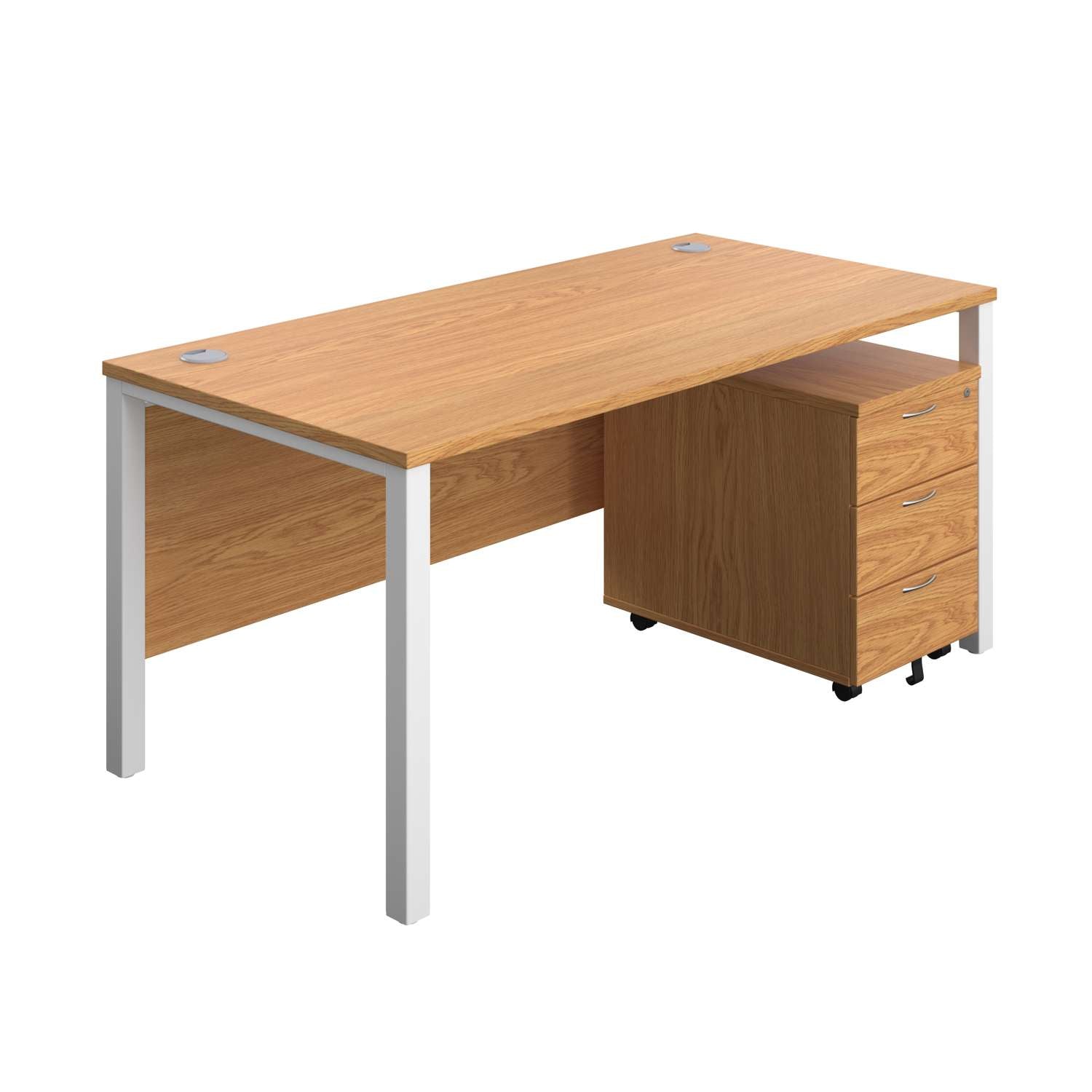 Goal Post Rectangular Desk + 3 Drawer Mobile Pedestal (FSC) | 1600x800 | Nova oak/White