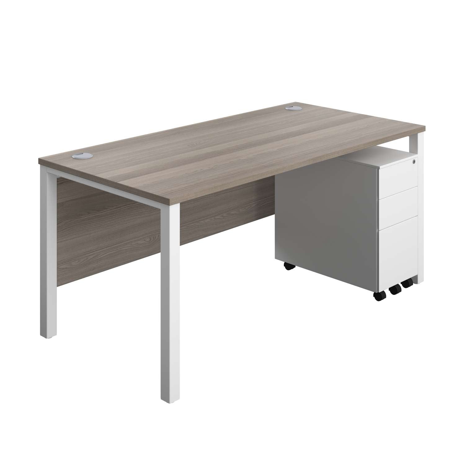 Goal Post Rectangular Desk + 3 Drawer Slimline Steel Pedestal (FSC) | 1600x800 | Grey oak/White