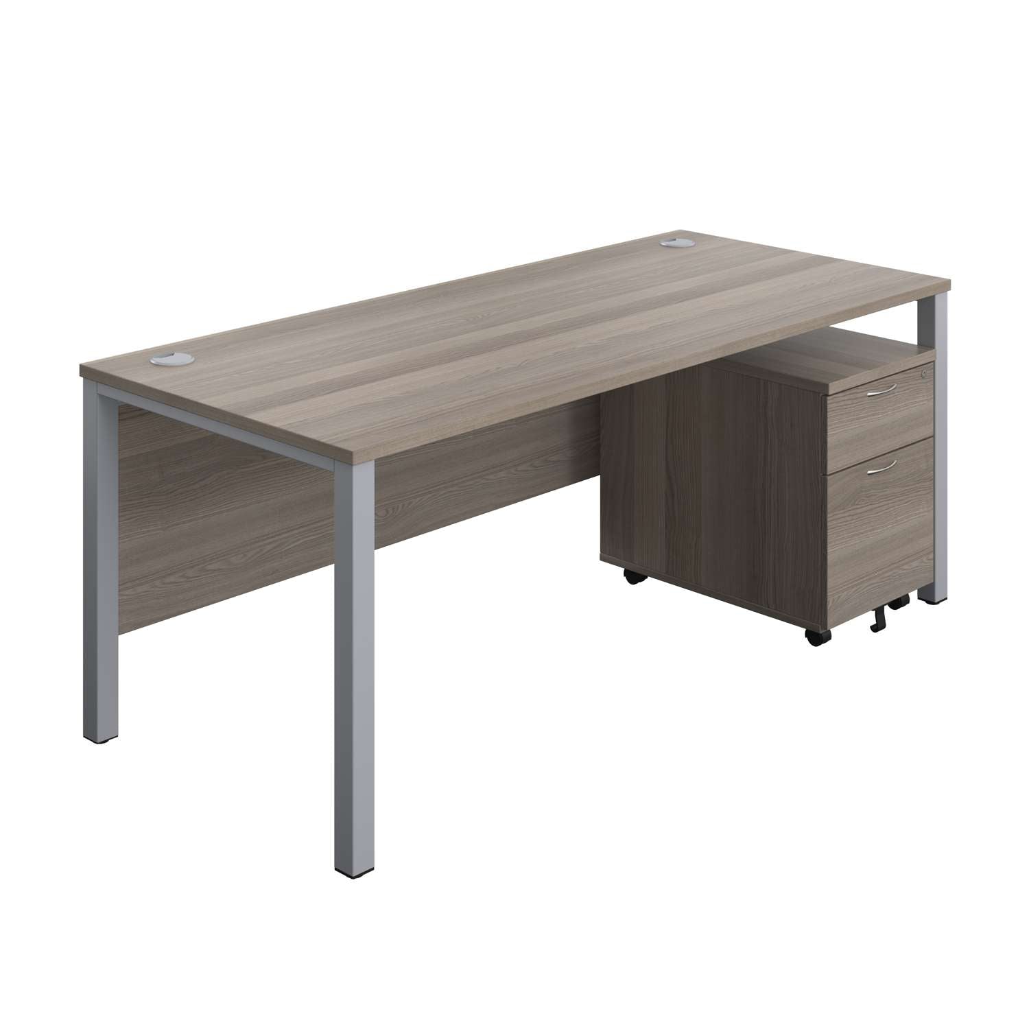Goal Post Rectangular Desk + 2 Drawer Mobile Pedestal (FSC) | 1800x800 | Grey oak/Silver