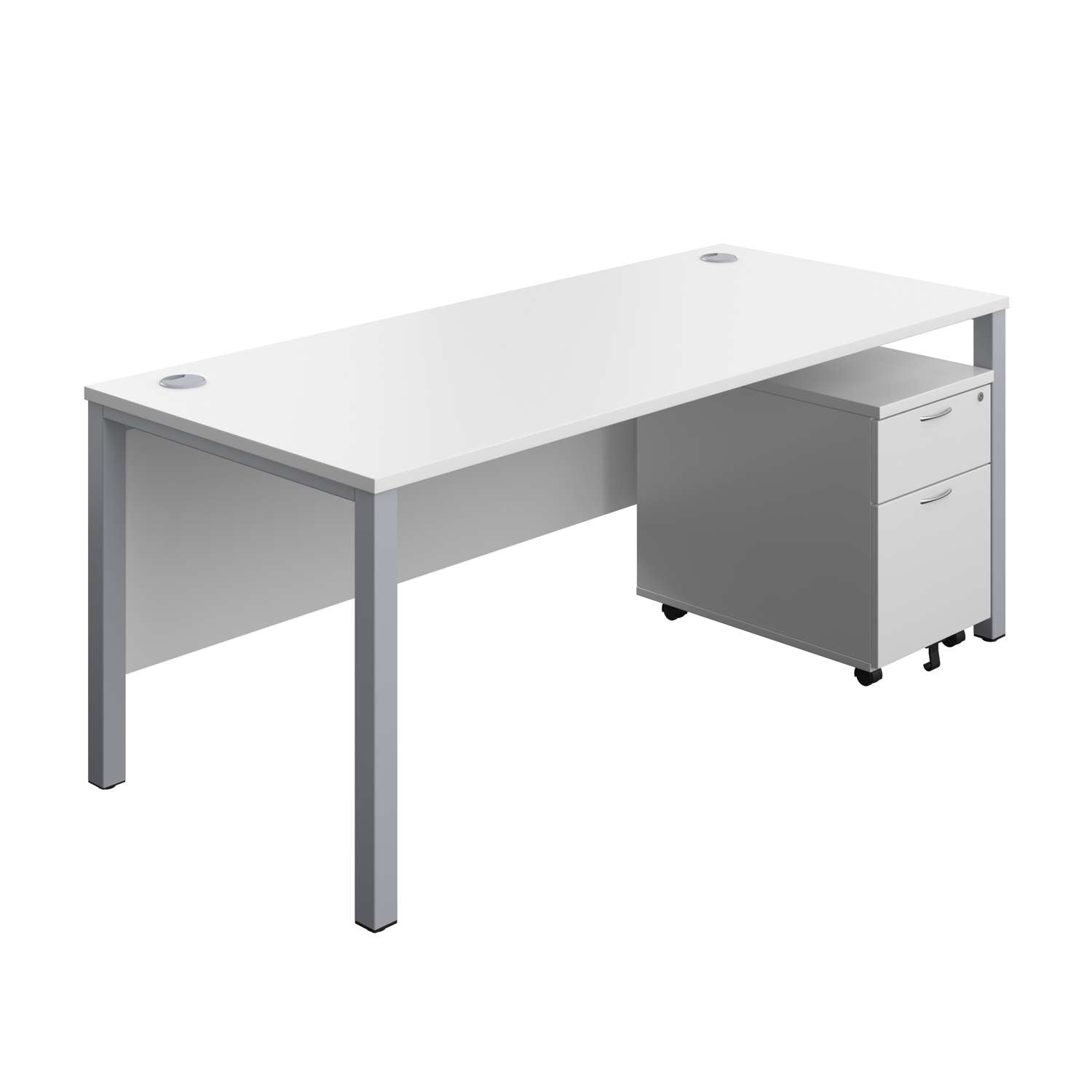 Goal Post Rectangular Desk + 2 Drawer Mobile Pedestal (FSC) | 1800x800 | White/Silver