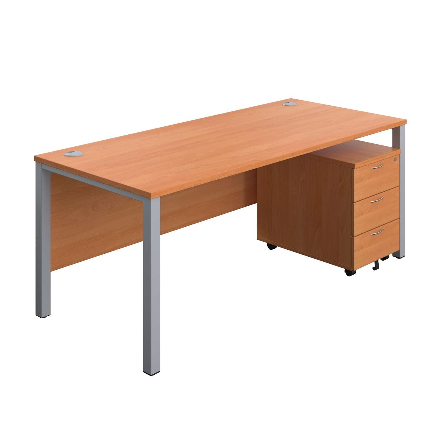 Goal Post Rectangular Desk + 3 Drawer Mobile Pedestal (FSC) | 1800x800 | Beech/Silver