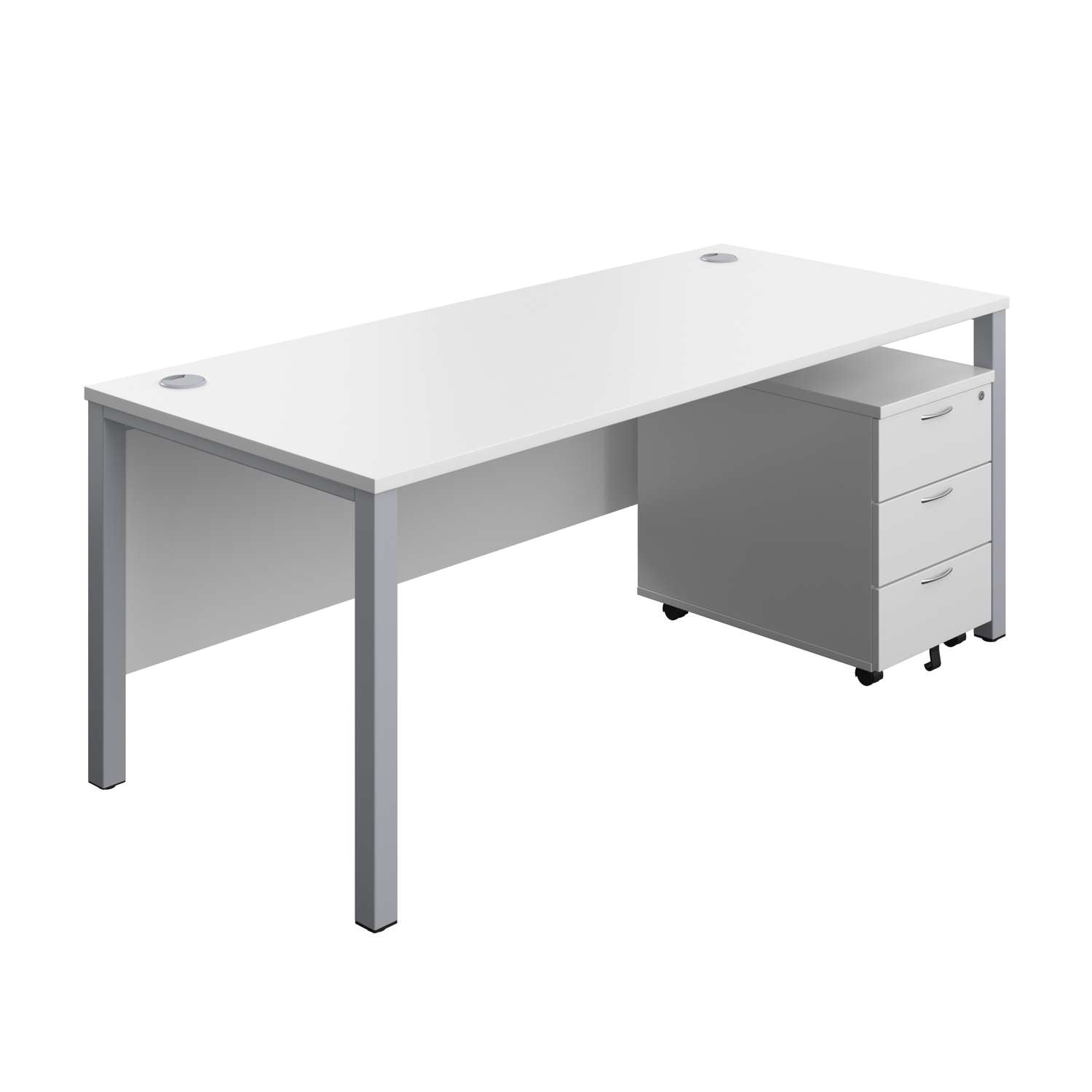 Goal Post Rectangular Desk + 3 Drawer Mobile Pedestal (FSC) | 1800x800 | White/Silver