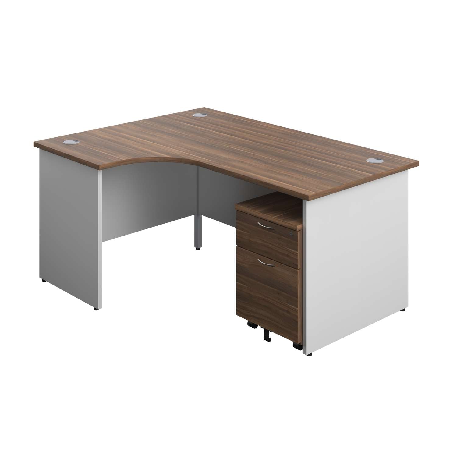 Panel Plus Left Radial Desk + 2 Drawer Mobile Pedestal Bundle (FSC) | 1600X1200 | Dark Walnut/White