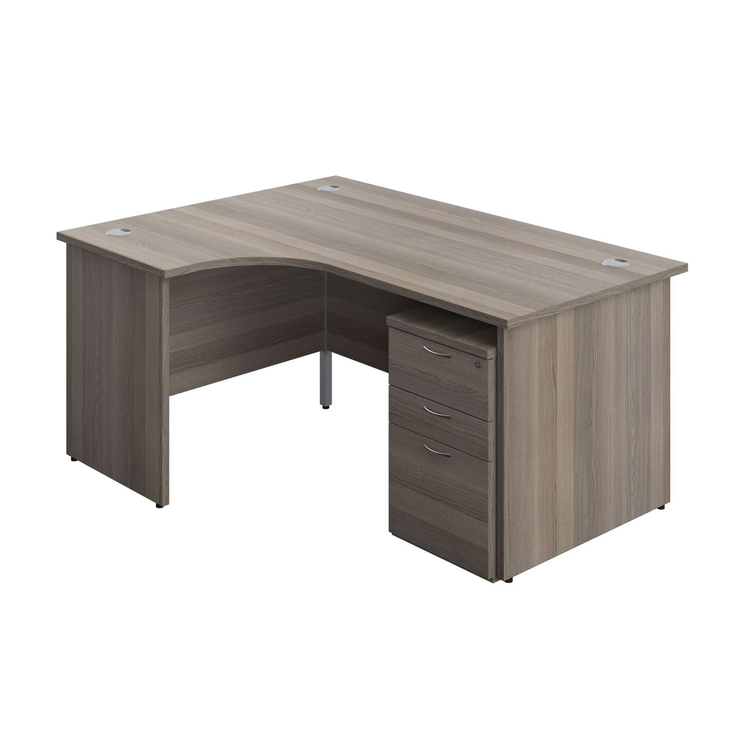 Panel Left Hand Radial Desk + 3 Drawer Under Desk Pedestal Bundle (FSC) | 1600X1200 | Grey Oak/Grey Oak