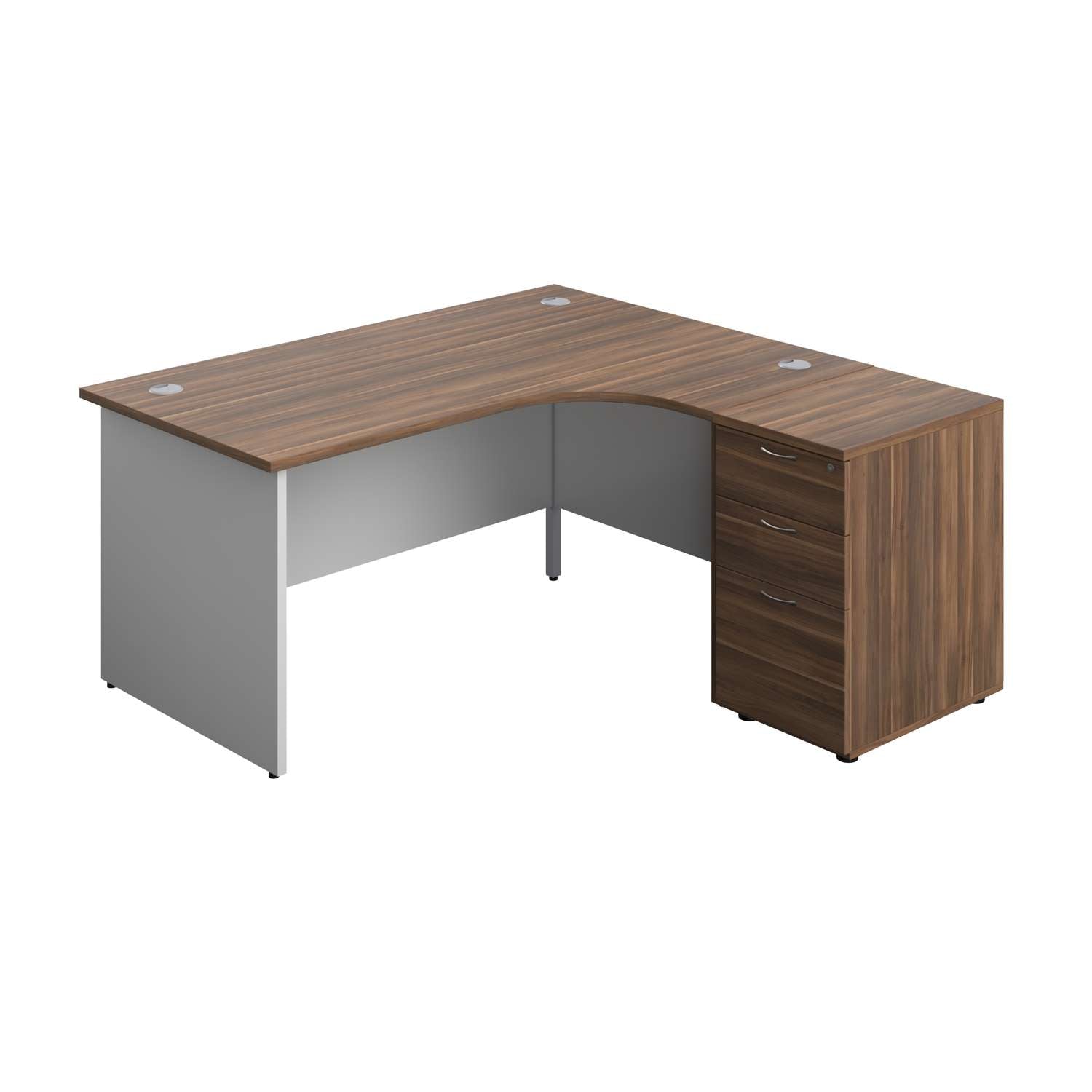 Panel Plus Right Radial Desk + Matching 3 Drawer Desk High Pedestal Bundle (FSC) | 600 Pedestal | 1600X1200 | Dark Walnut/White