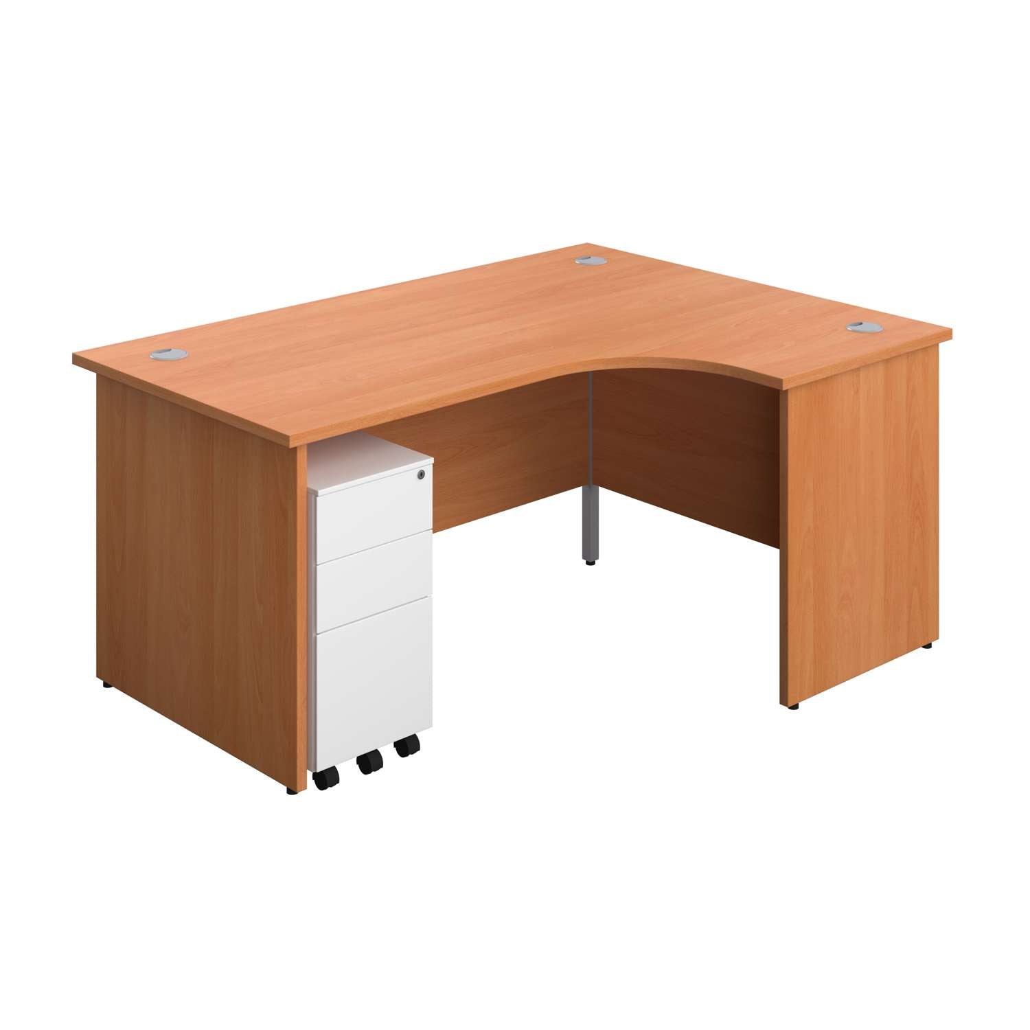 Panel Right Hand Radial Desk + 3 Drawer Slimline Steel Mobile Pedestal Bundle (FSC) | 1600X1200 | Beech/White