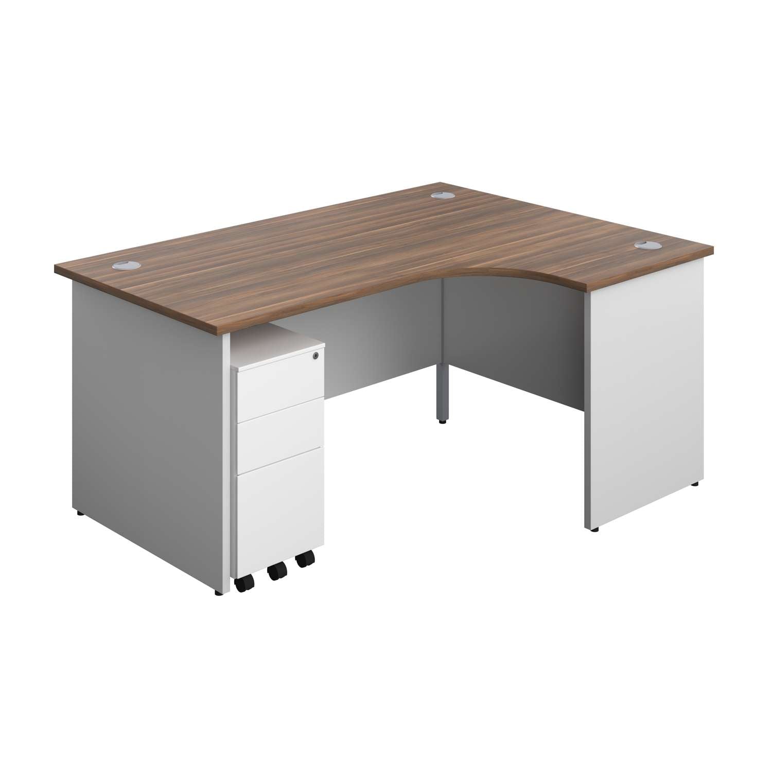 Panel Plus Right Radial Desk + 3 Drawer White Slimline Steel Mobile Pedestal Bundle (FSC) | 1600X1200 | Dark Walnut/White