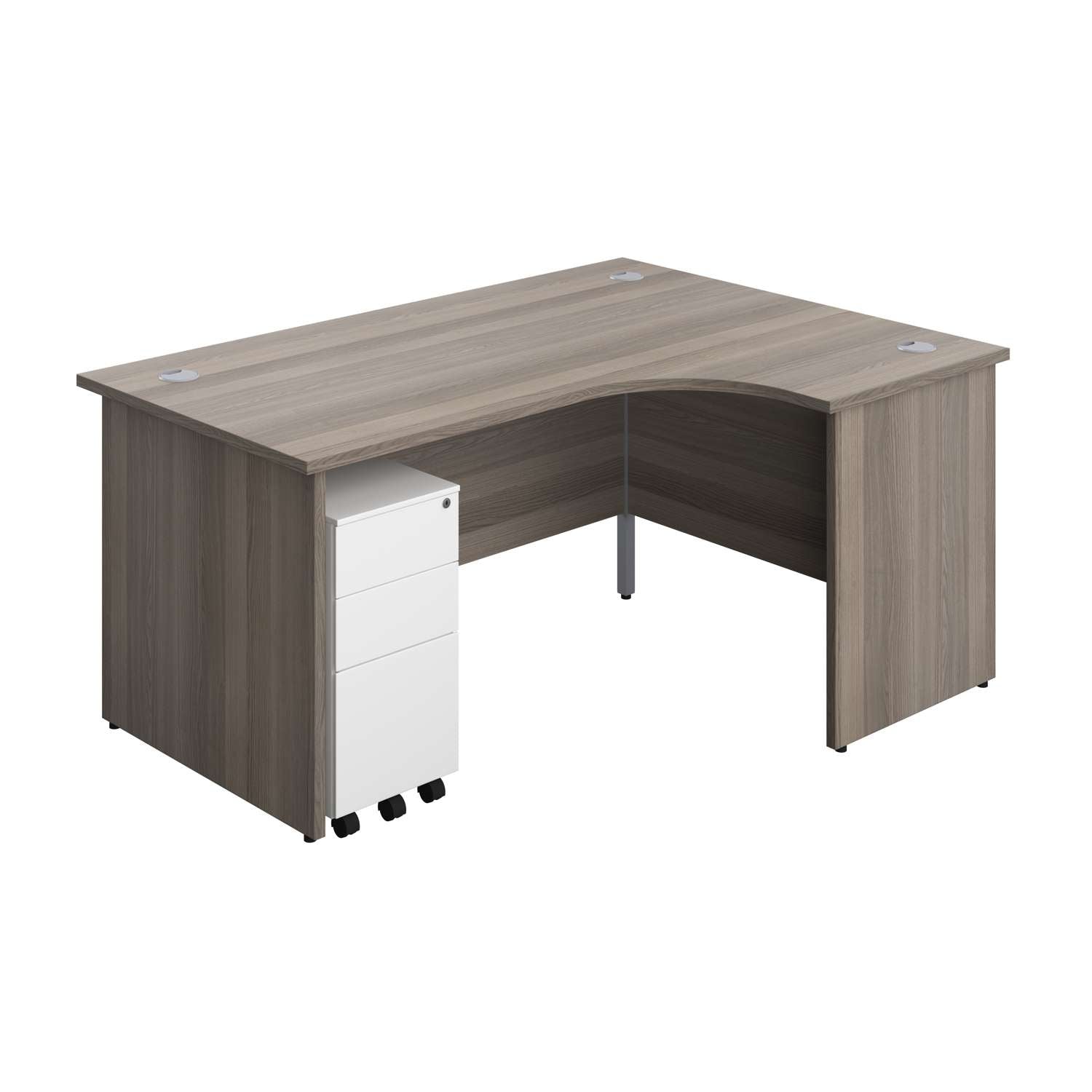 Panel Right Hand Radial Desk + 3 Drawer Slimline Steel Mobile Pedestal Bundle (FSC) | 1600X1200 | Grey Oak/White