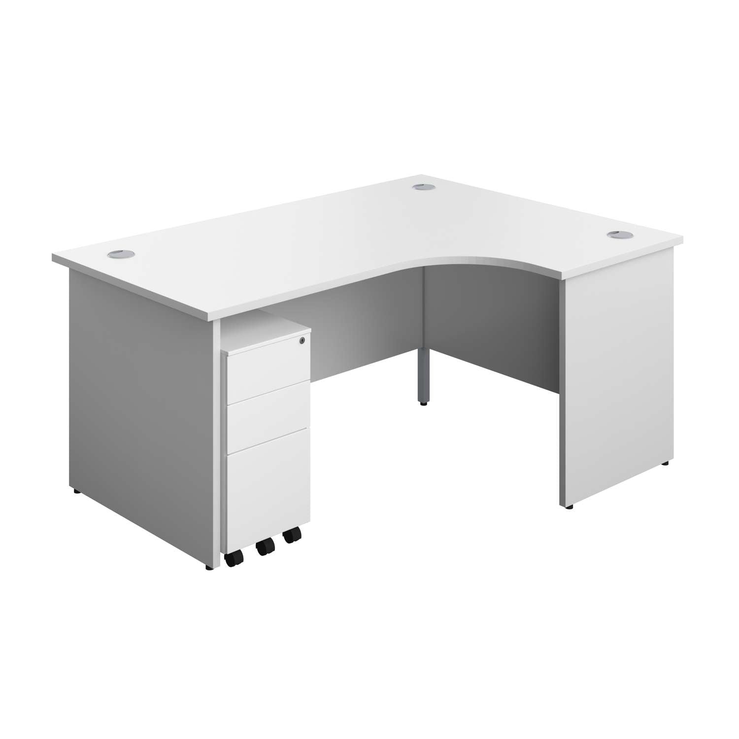 Panel Right Hand Radial Desk + 3 Drawer Slimline Steel Mobile Pedestal Bundle (FSC) | 1600X1200 | White/White