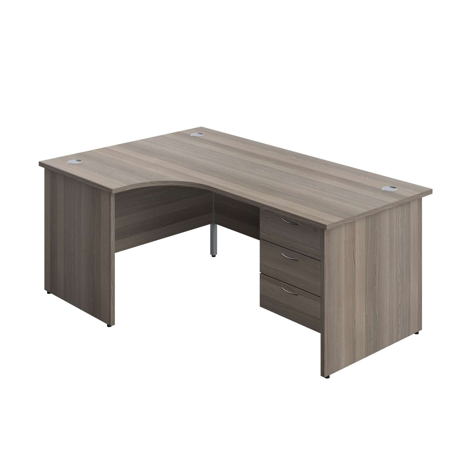 Panel Left Hand Radial Desk + 3 Drawer Fixed Pedestal Bundle (FSC) | 1800X1200 | Grey Oak/Grey Oak