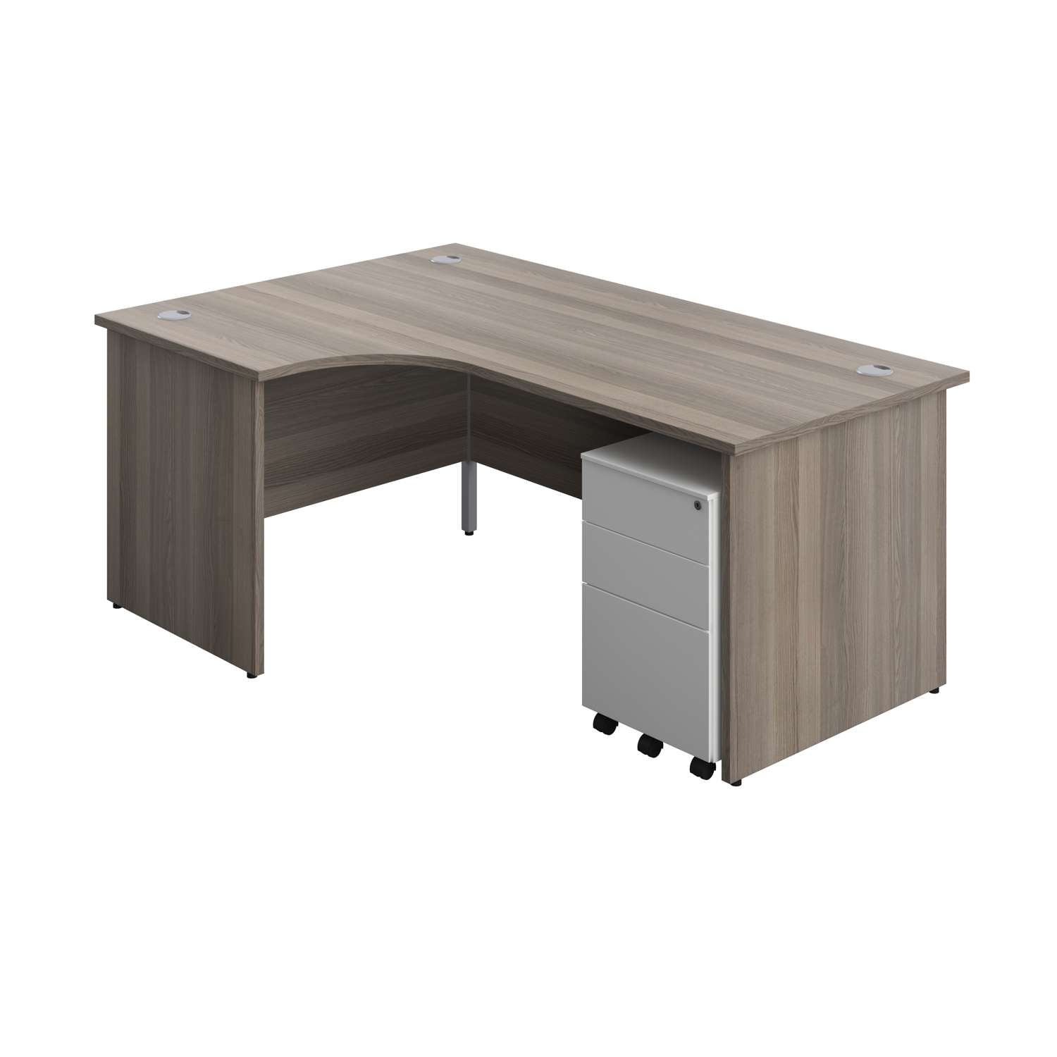 Panel Left Hand Radial Desk + 3 Drawer Steel Mobile Pedestal Bundle (FSC) | 1800X1200 | Grey Oak/White