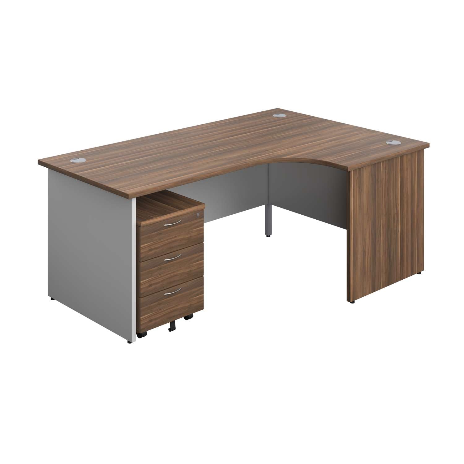 Panel Plus Right Radial Desk + 3 Drawer Mobile Pedestal Bundle (FSC) | 1800X1200 | Dark Walnut/White