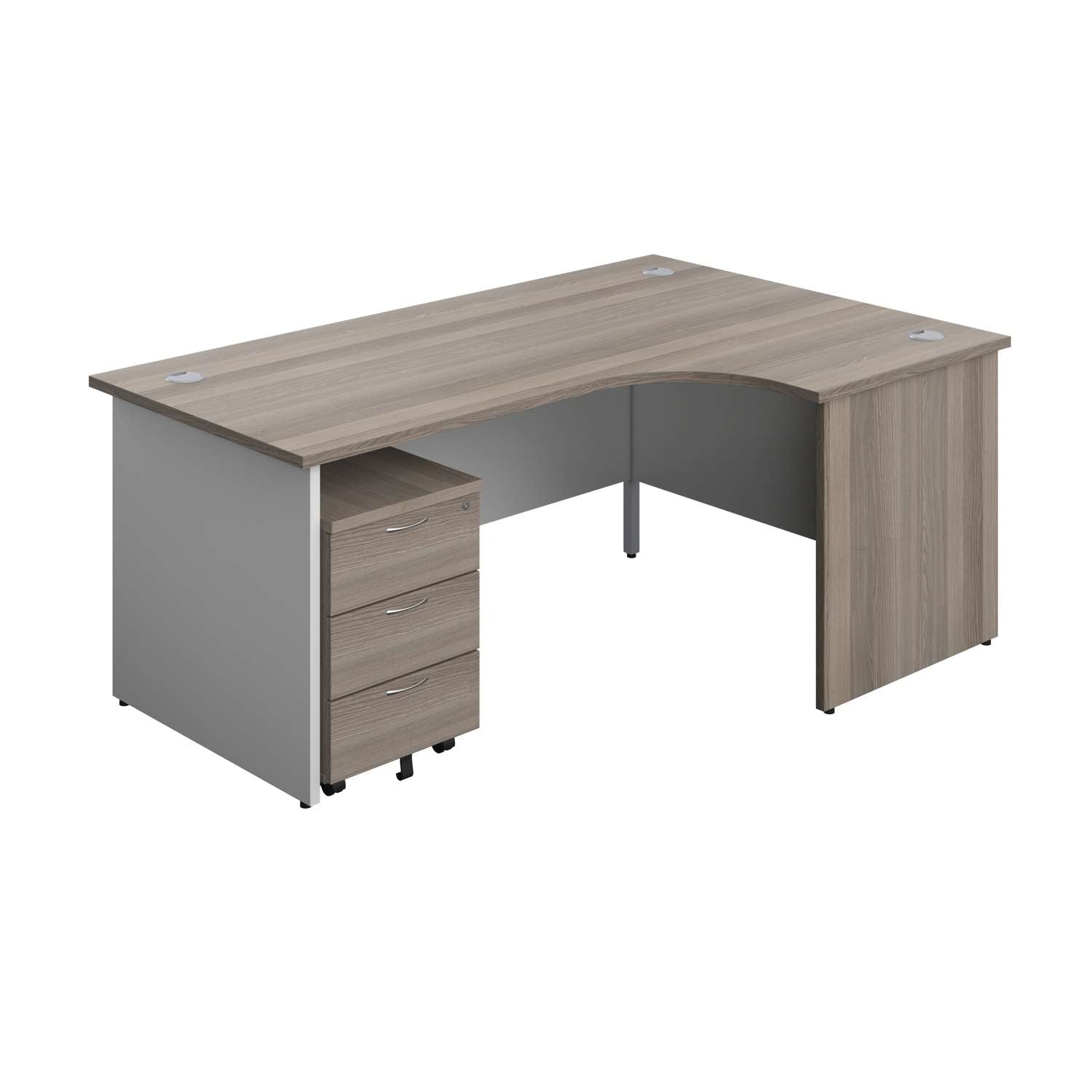 Panel Plus Right Radial Desk + 3 Drawer Mobile Pedestal Bundle (FSC) | 1800X1200 | Grey Oak/White