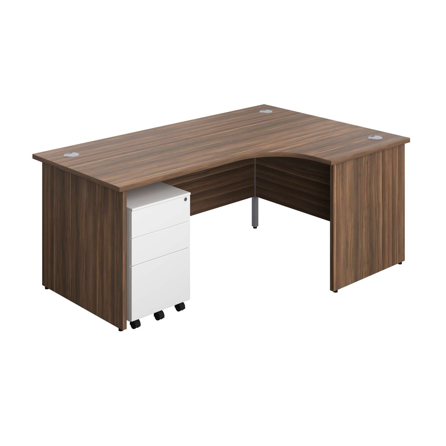 Panel Right Hand Radial Desk + 3 Drawer Steel Mobile Pedestal Bundle (FSC) | 1800X1200 | Dark Walnut/White