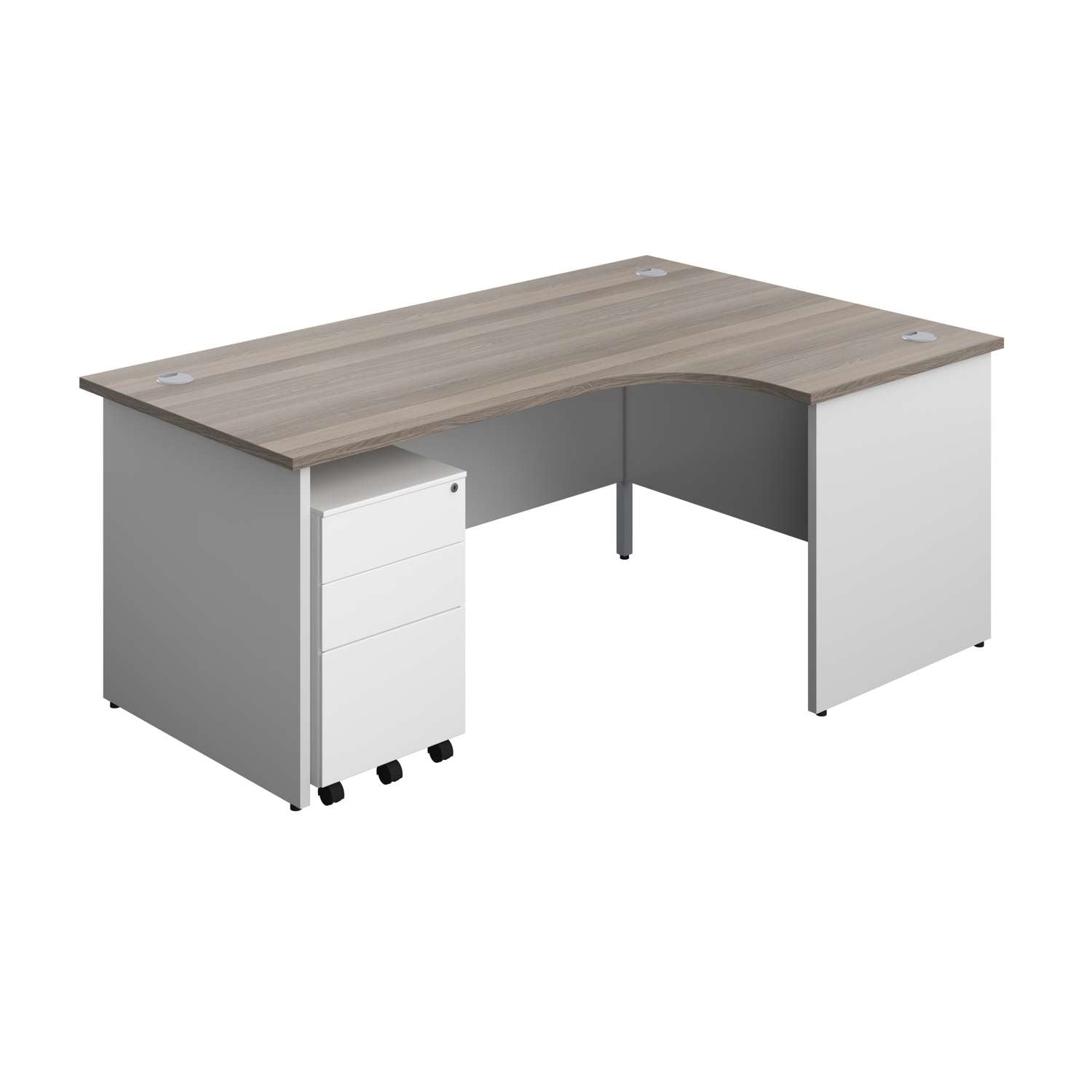 Panel Plus Right Radial Desk + 3 Drawer Steel Mobile Pedestal Bundle (FSC) | 1800X1200 | Grey Oak/White